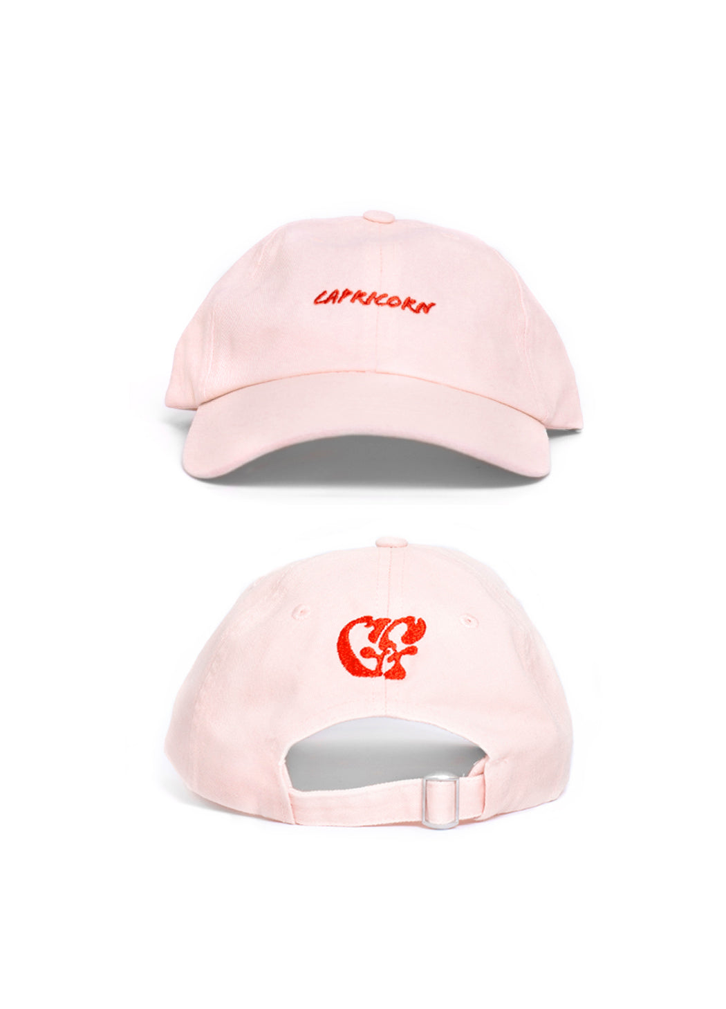 pink embroidered Capricorn Zodiac baseball cap with Good Fluff logo to the back on a white background