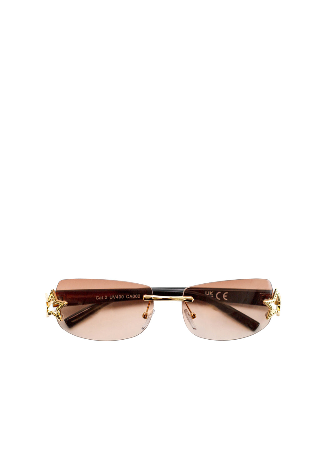 Gold-framed frameless sunglasses with gradient lenses on a white background