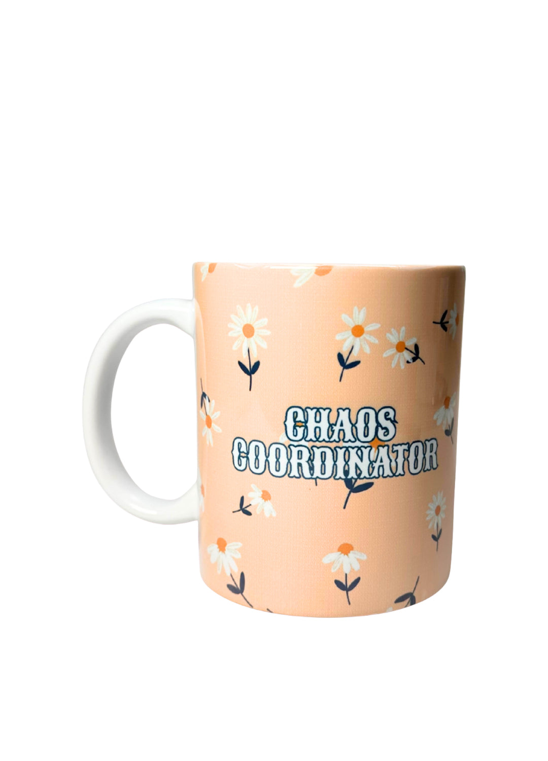 Mug with floral design and 'Chaos Coordinator' text on a white background