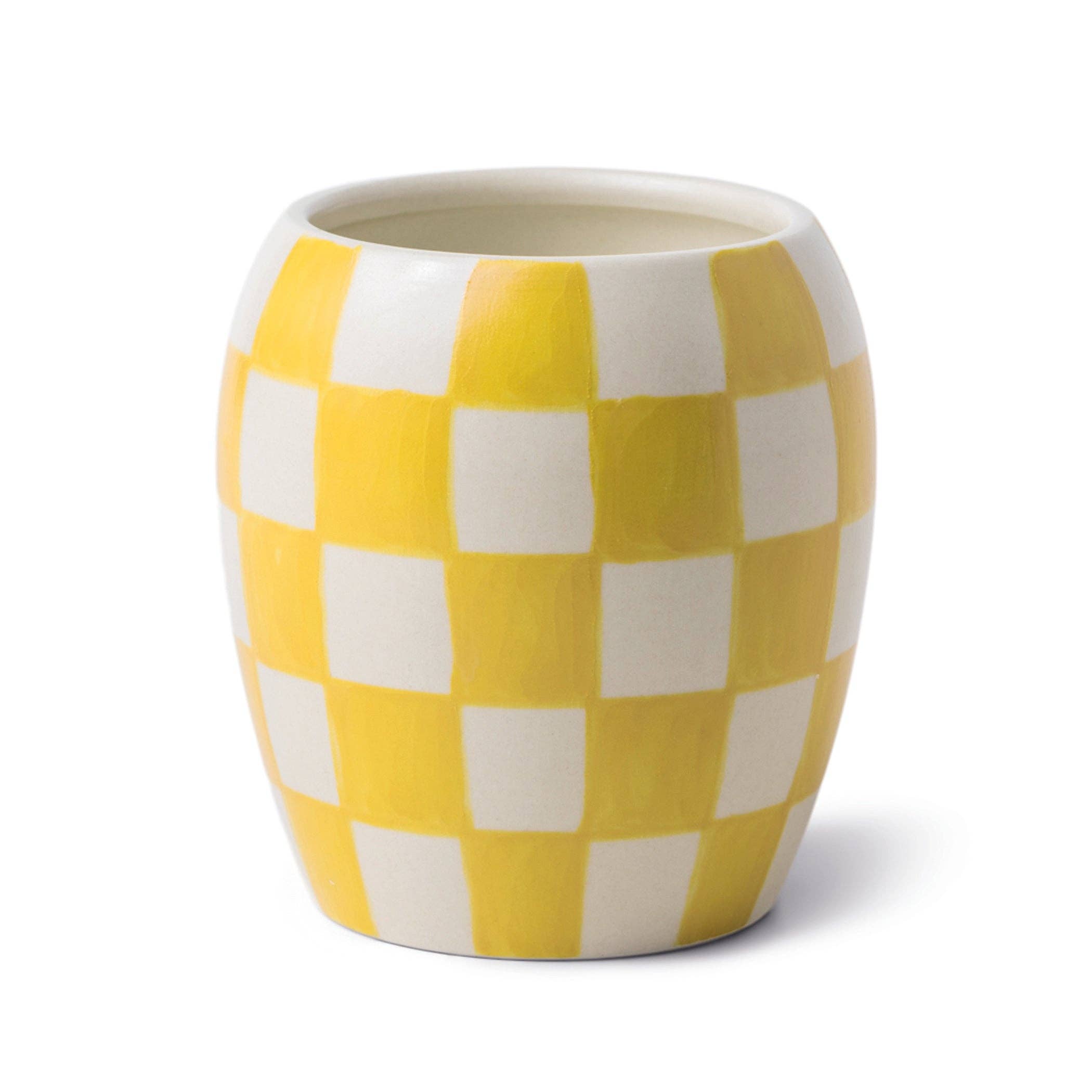 Yellow and white checkered ceramic scented candle vase on a white background
