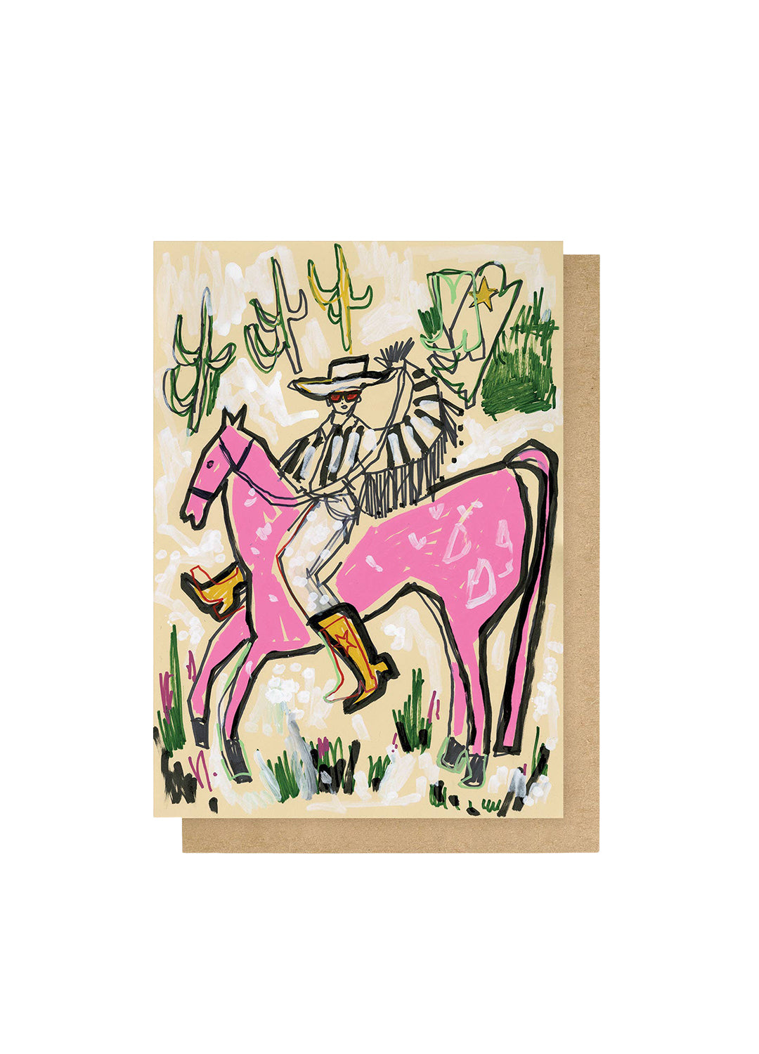 Card with a cowboy riding a pink horse and cacti on a beige background