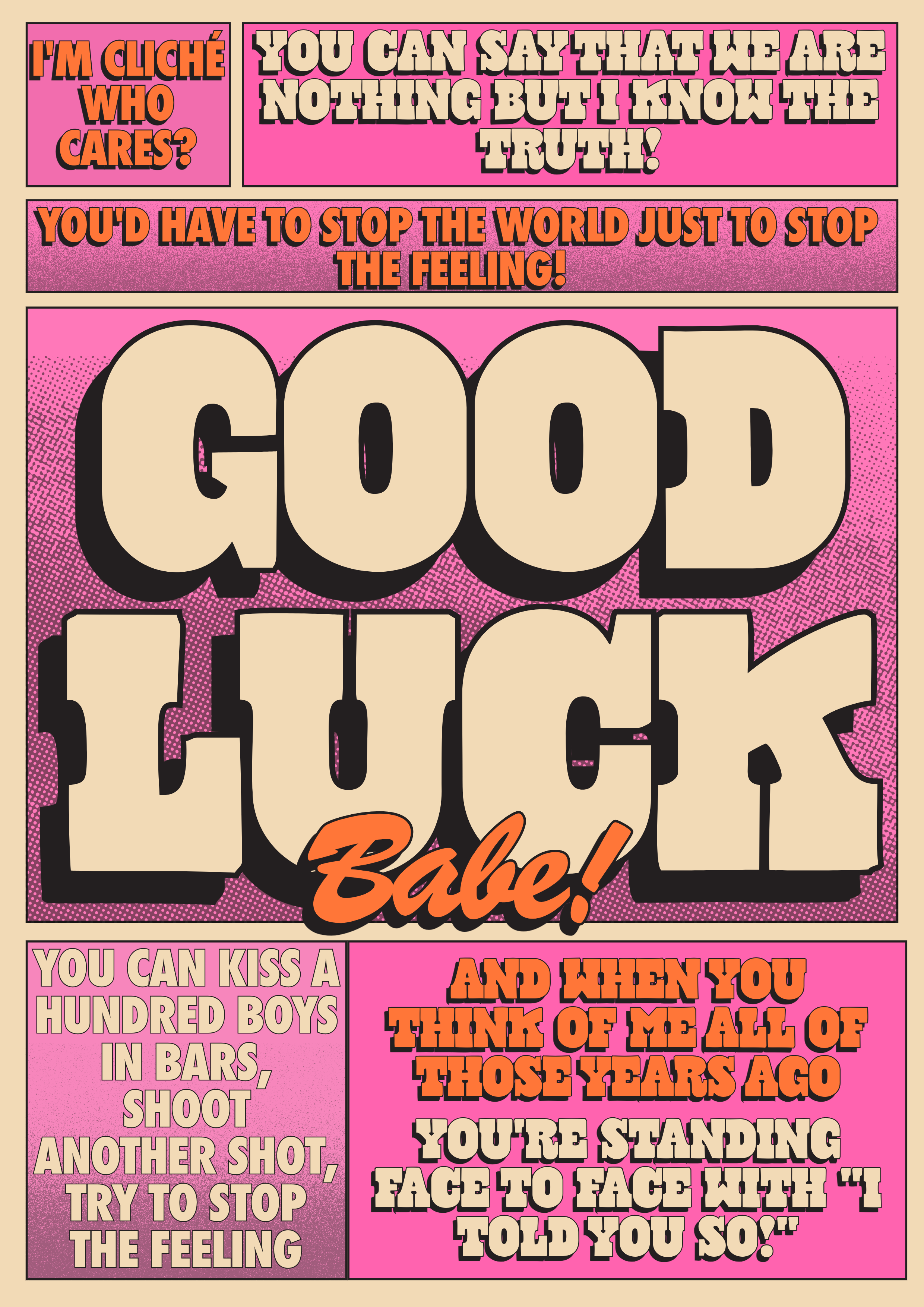 Vintage-style poster with text on a pink and beige background