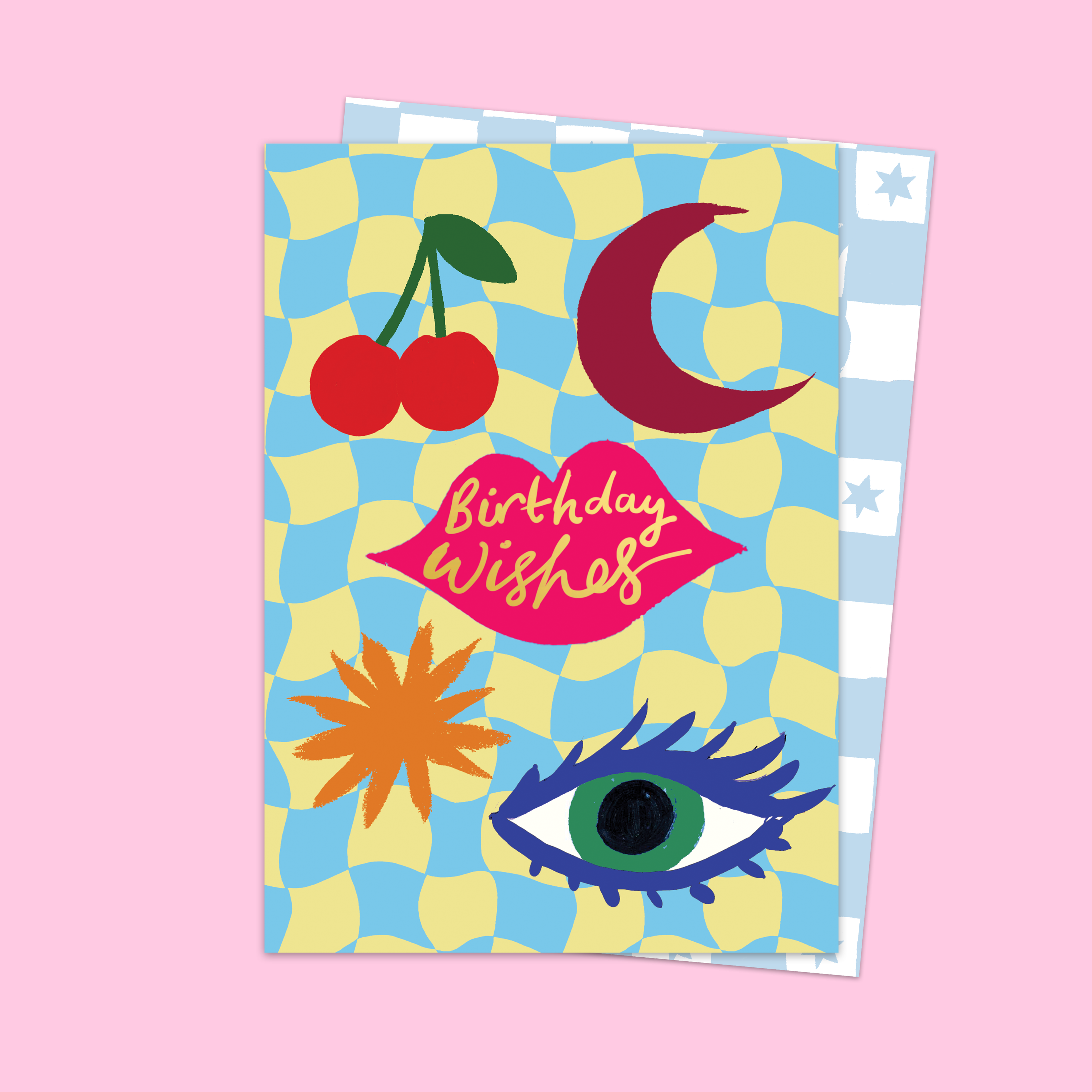 Colorful birthday card with decorative elements on a pink background