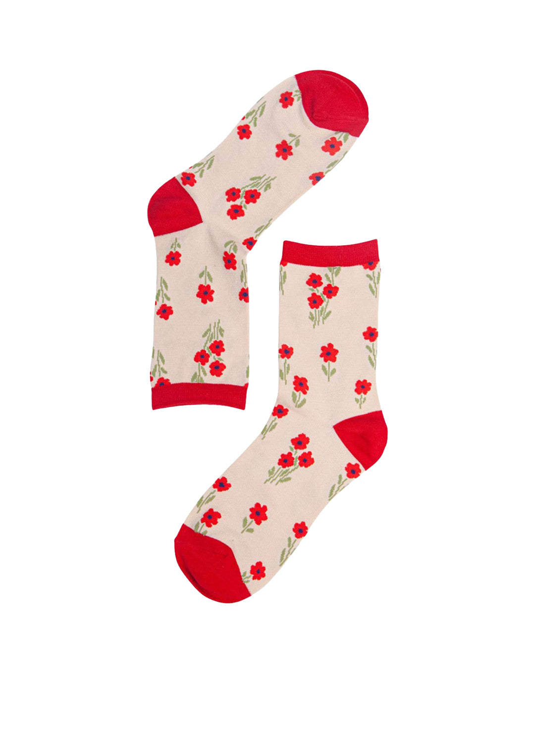 Pair of socks with red floral pattern on a white background