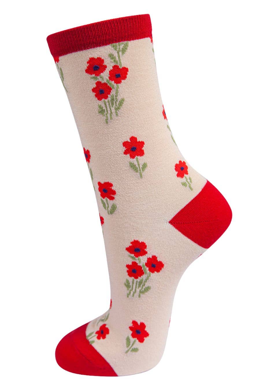 Beige sock with red flowers and red cuff on a white background