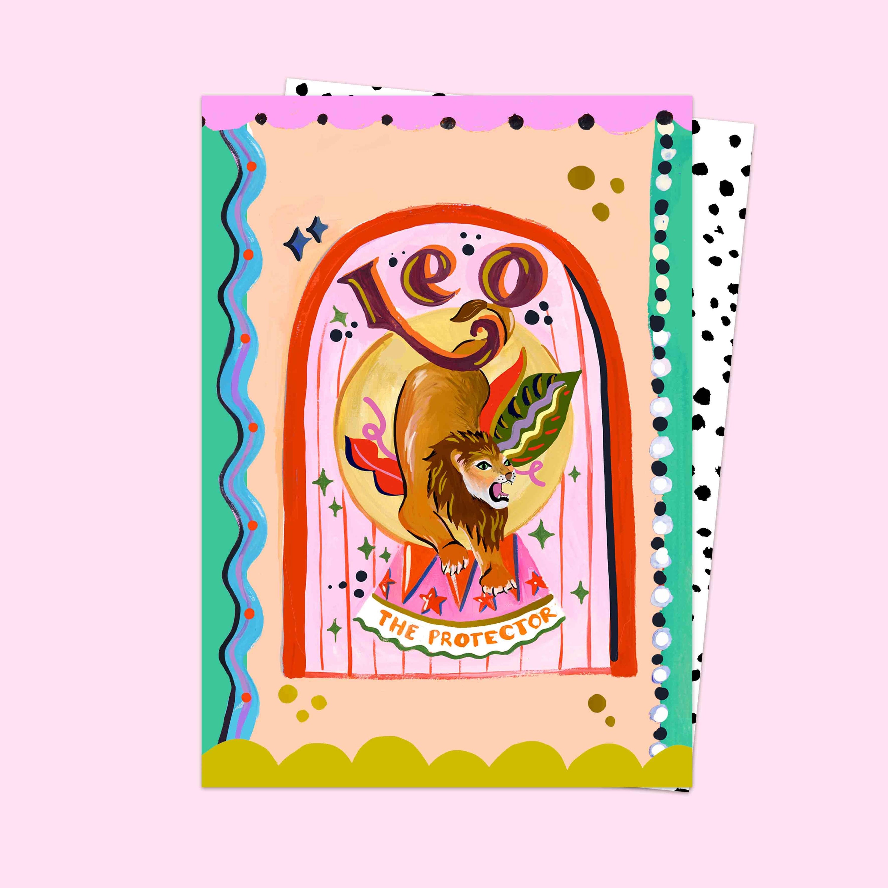 Colorful illustration of a lion with 'Leo' text on a pink background