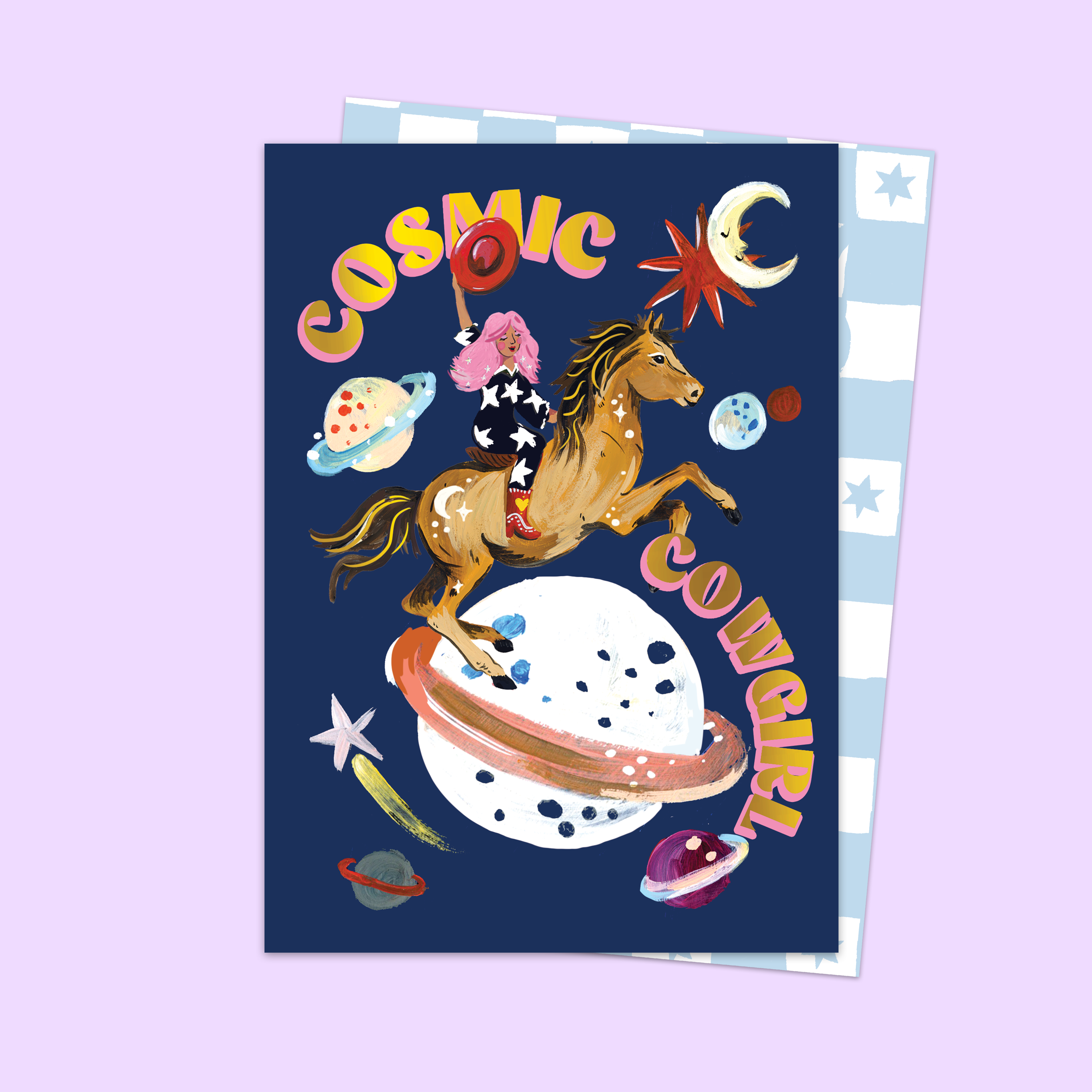 Card with a horse and space-themed design on a purple background