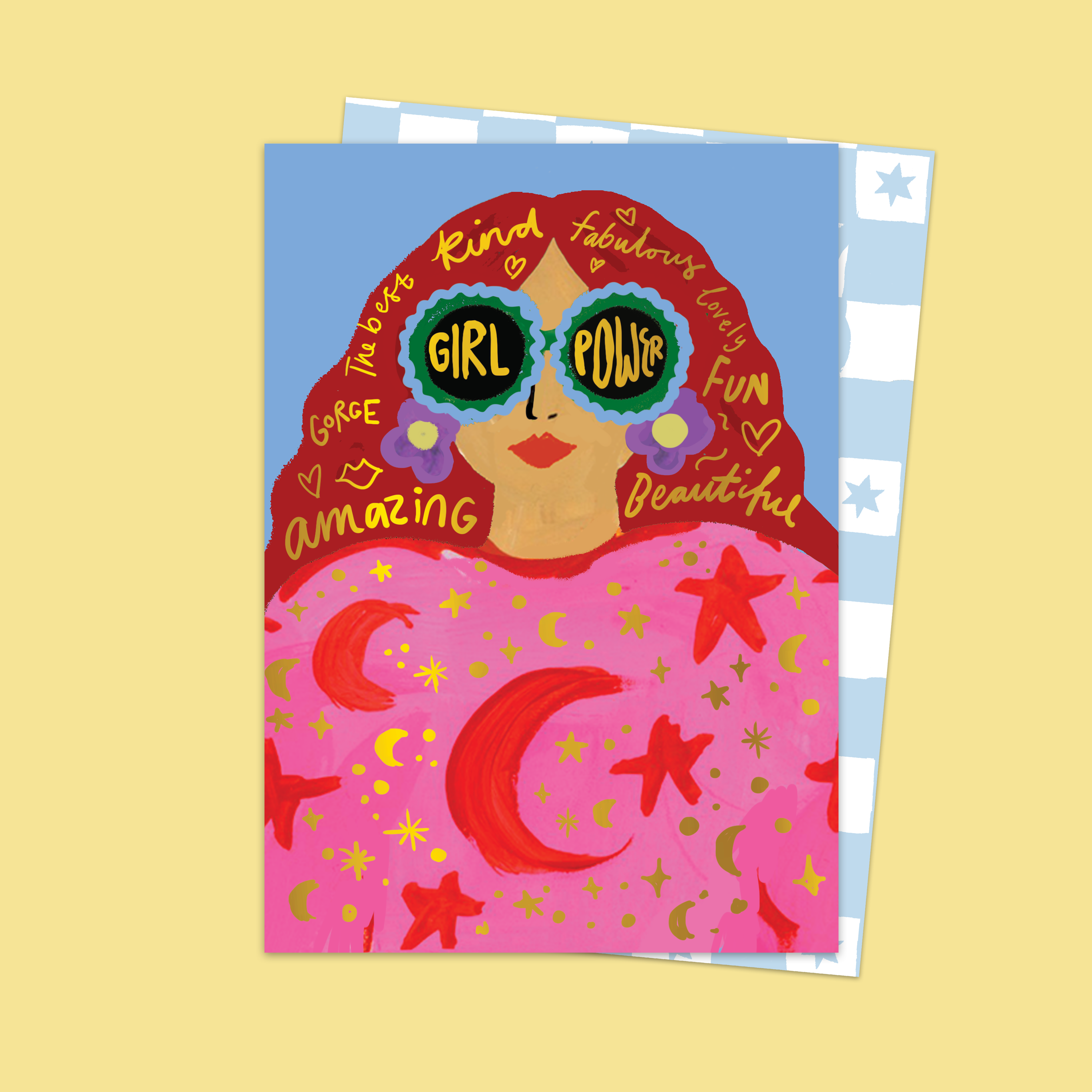 Colorful greeting card with a stylized illustration of a woman wearing sunglasses and text on a yellow background.