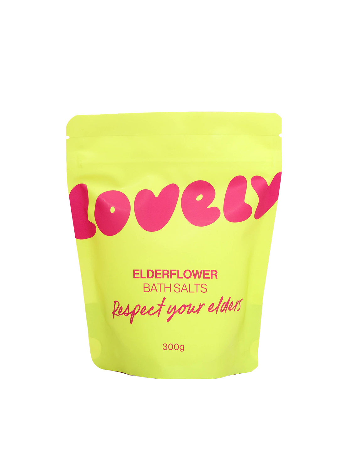 Yellow package of elderflower bath salts with pink text on a white background