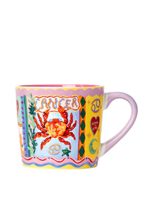 Colourful mug with a crab design and 'Cancer' text on a white background