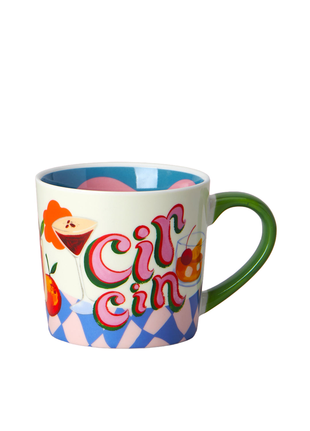 Colorful mug with 'Cin Cin' text and fruit illustrations on a white background