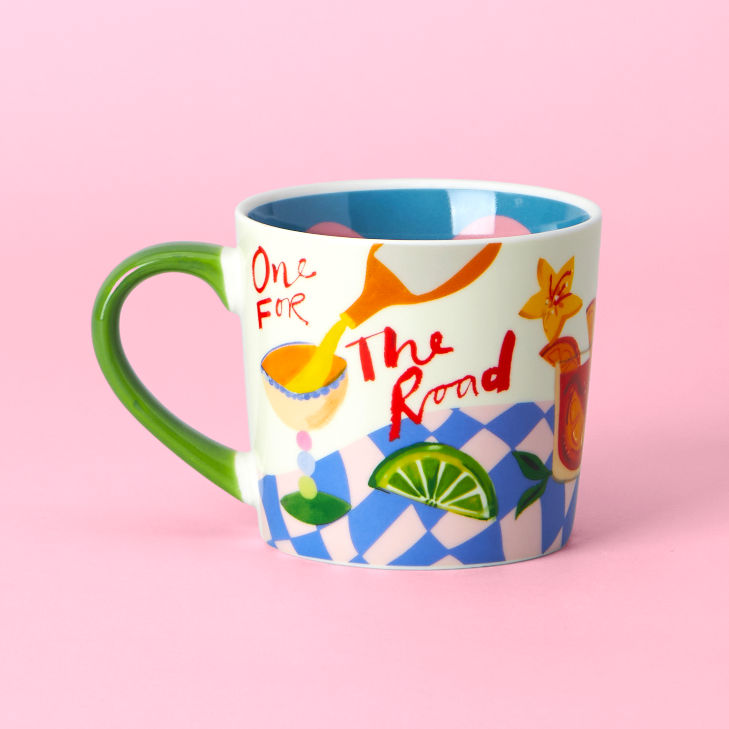 Colorful mug with 'One for the Road' text and cocktail graphics on a pink background
