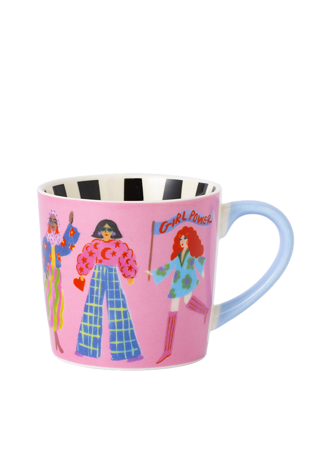 Pink mug with illustrations of women and 'Girl Power' text on a white background