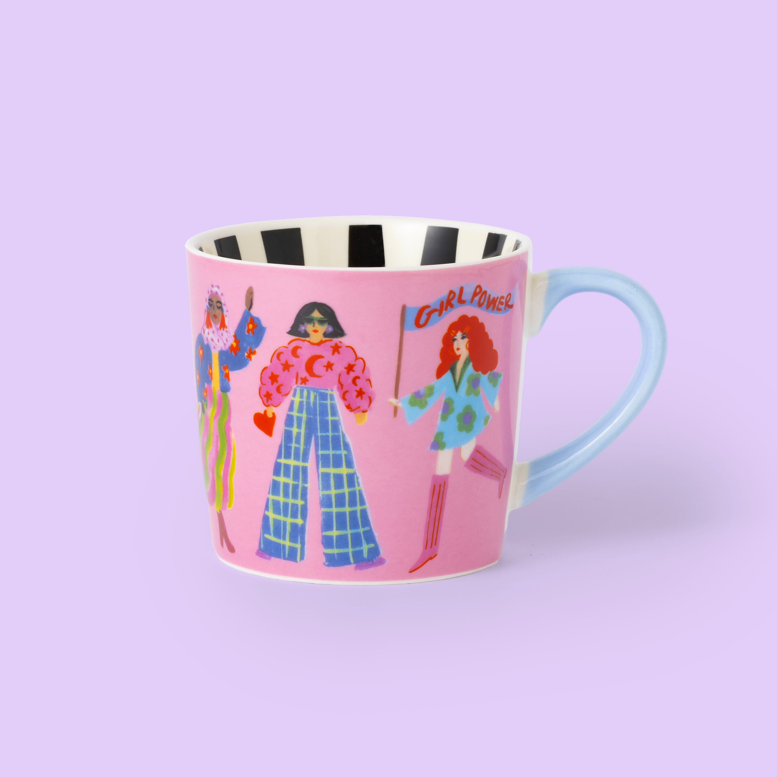 Pink mug with colorful illustrations of women on a light purple background