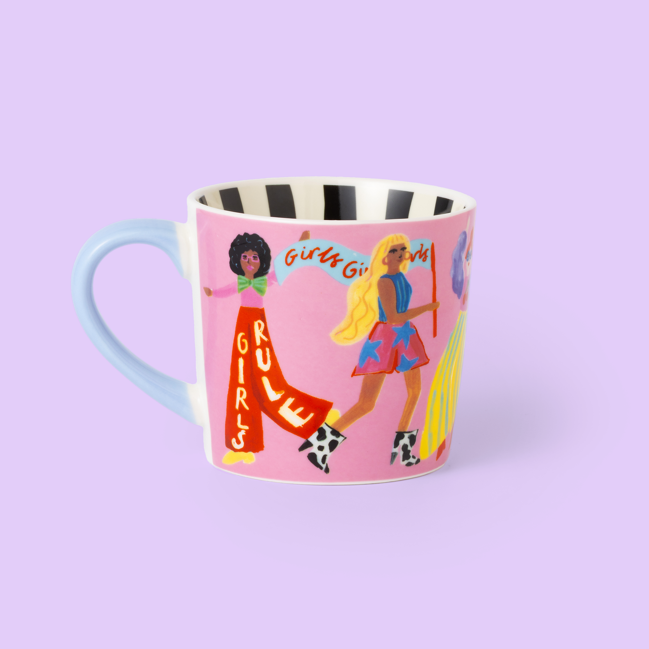 Mug with colorful design of girls holding signs on a light purple background
