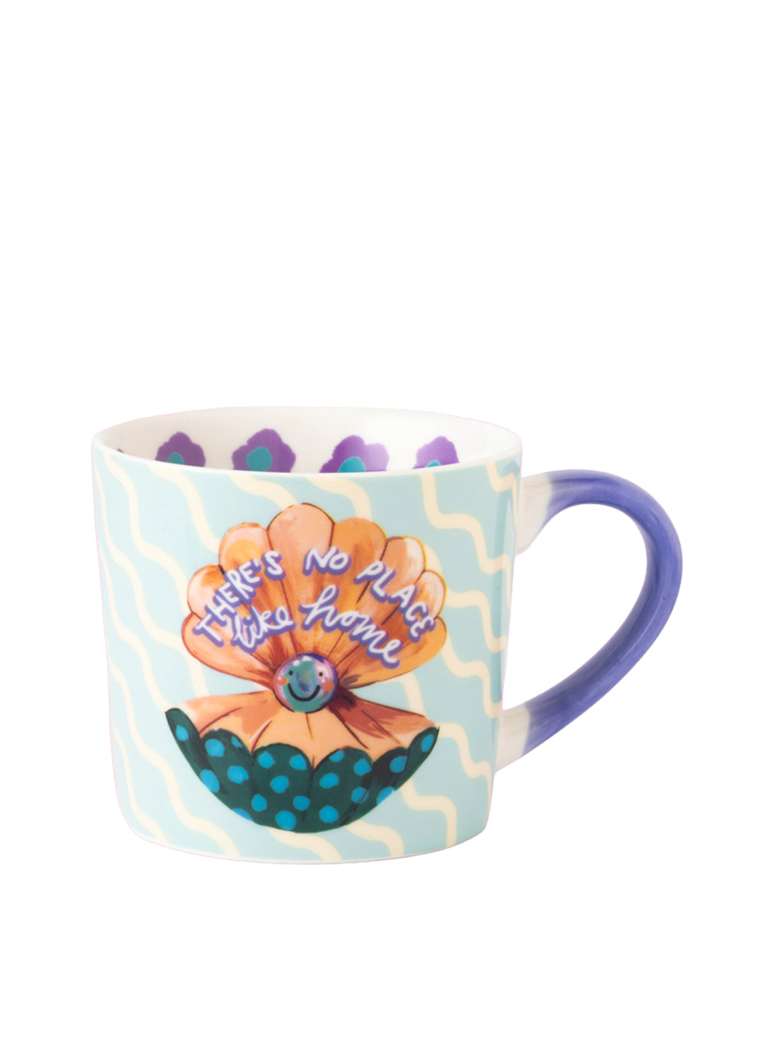 Colorful mug with floral design and text on a white background