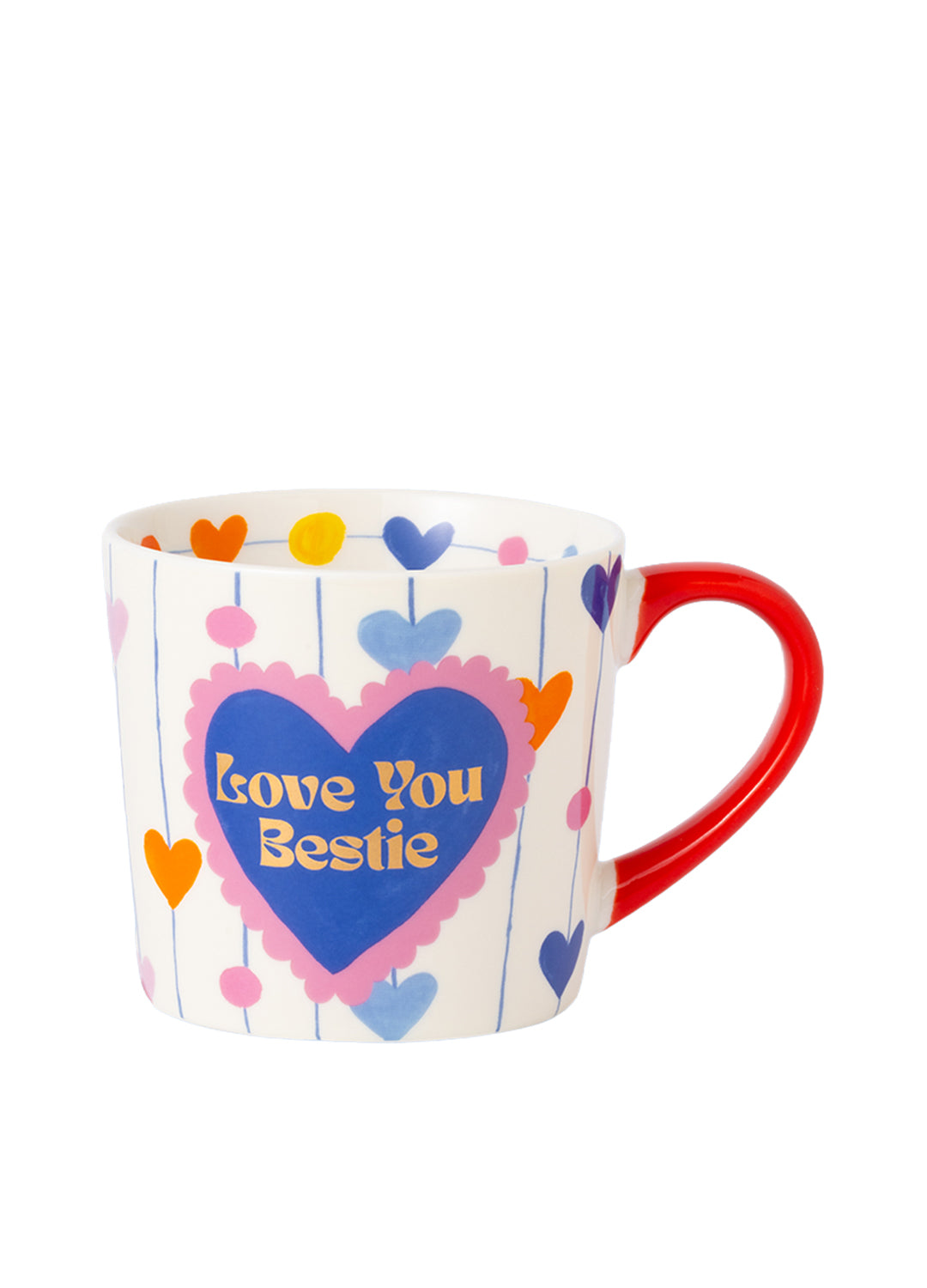 Mug with colorful heart designs and 'Love You Bestie' text on a white background