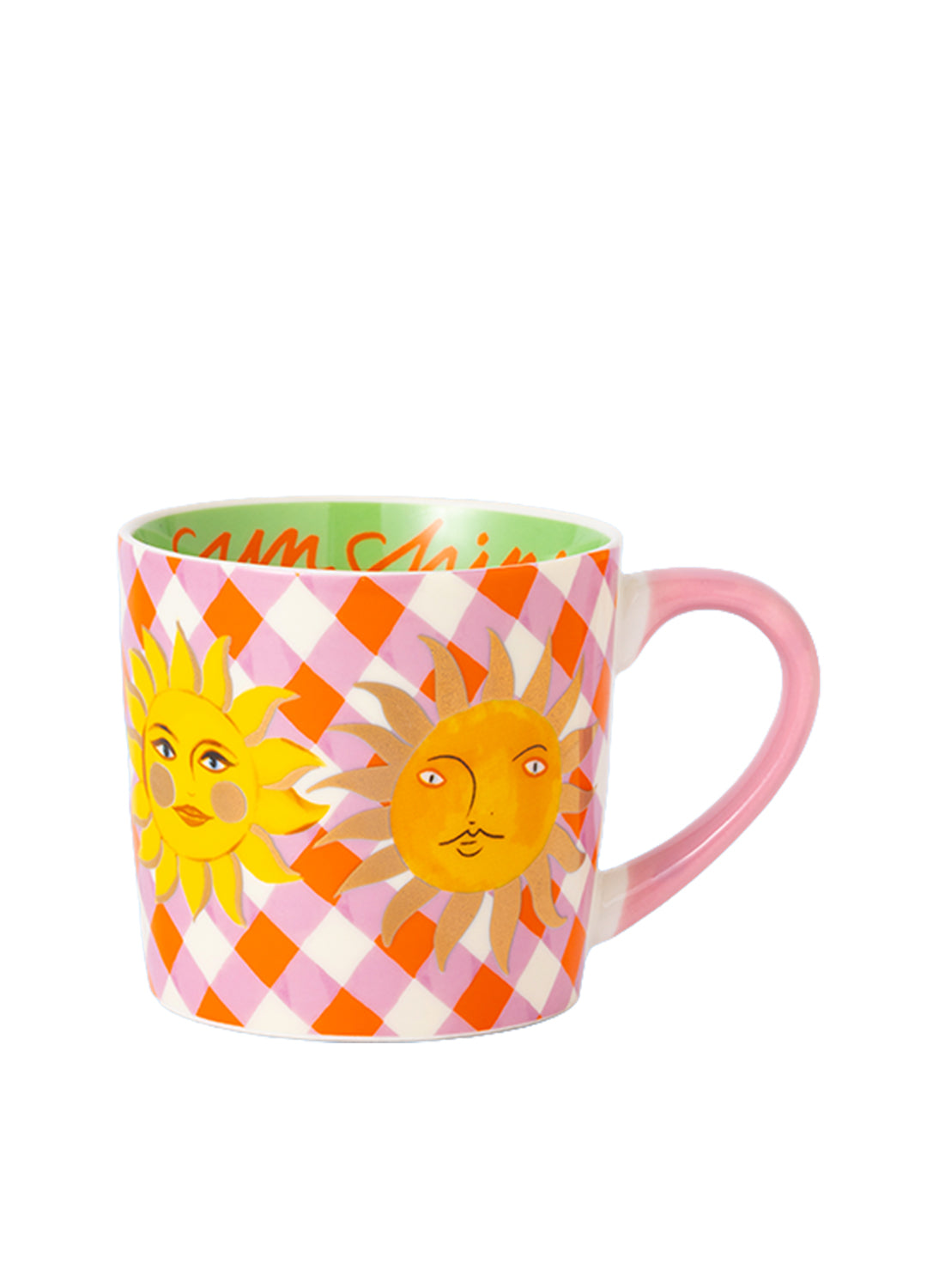 Colorful mug with sun design and checkered pattern on a white background