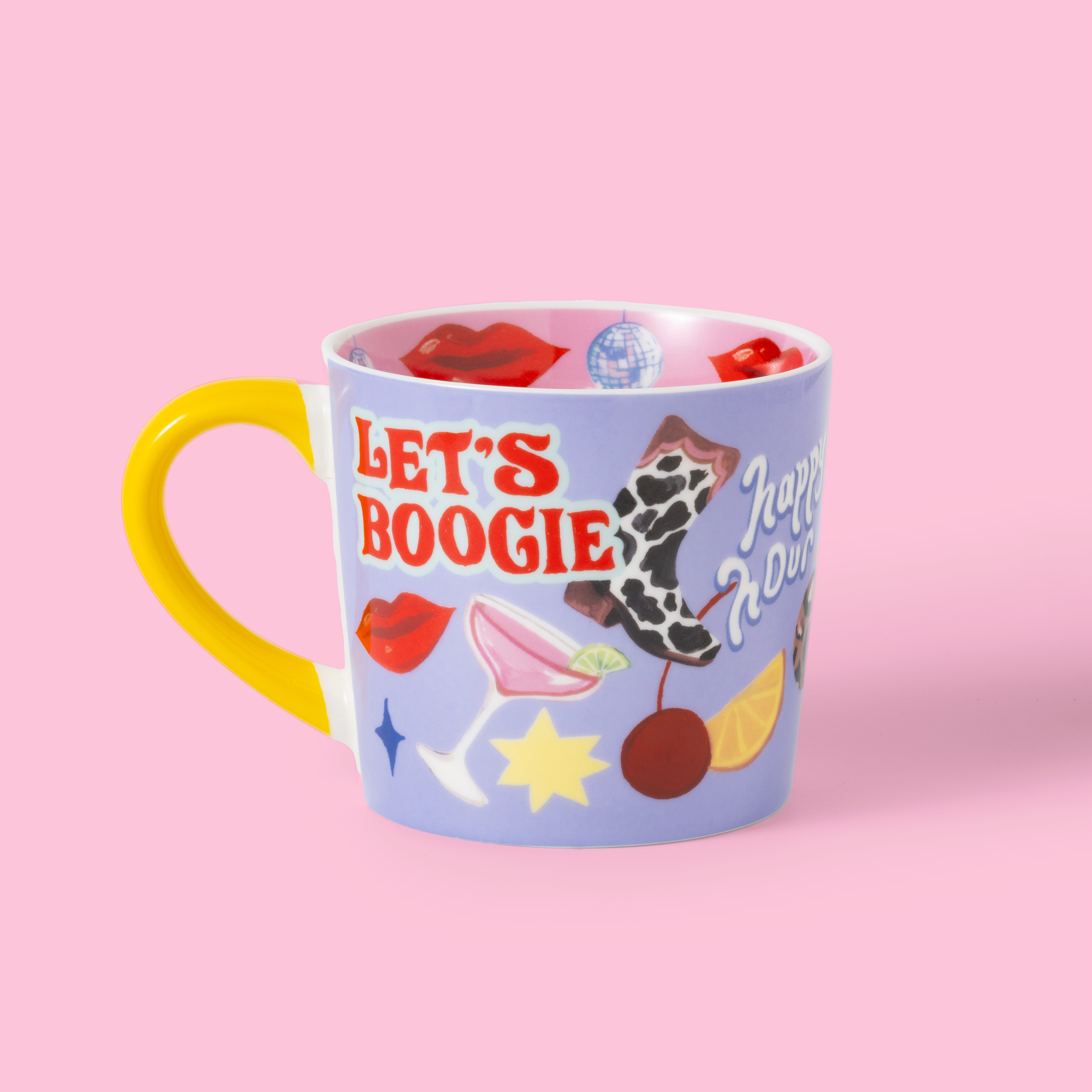Colorful mug with 'Let's Boogie' text and graphics on a pink background