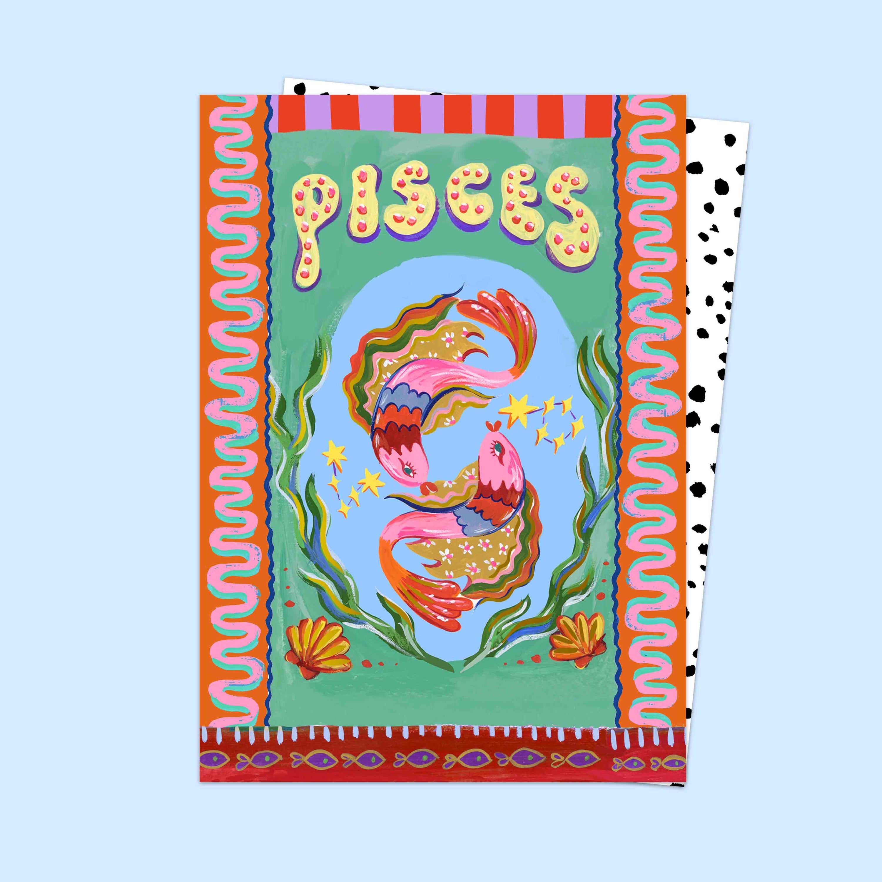 Card with Pisces zodiac design on a light blue background