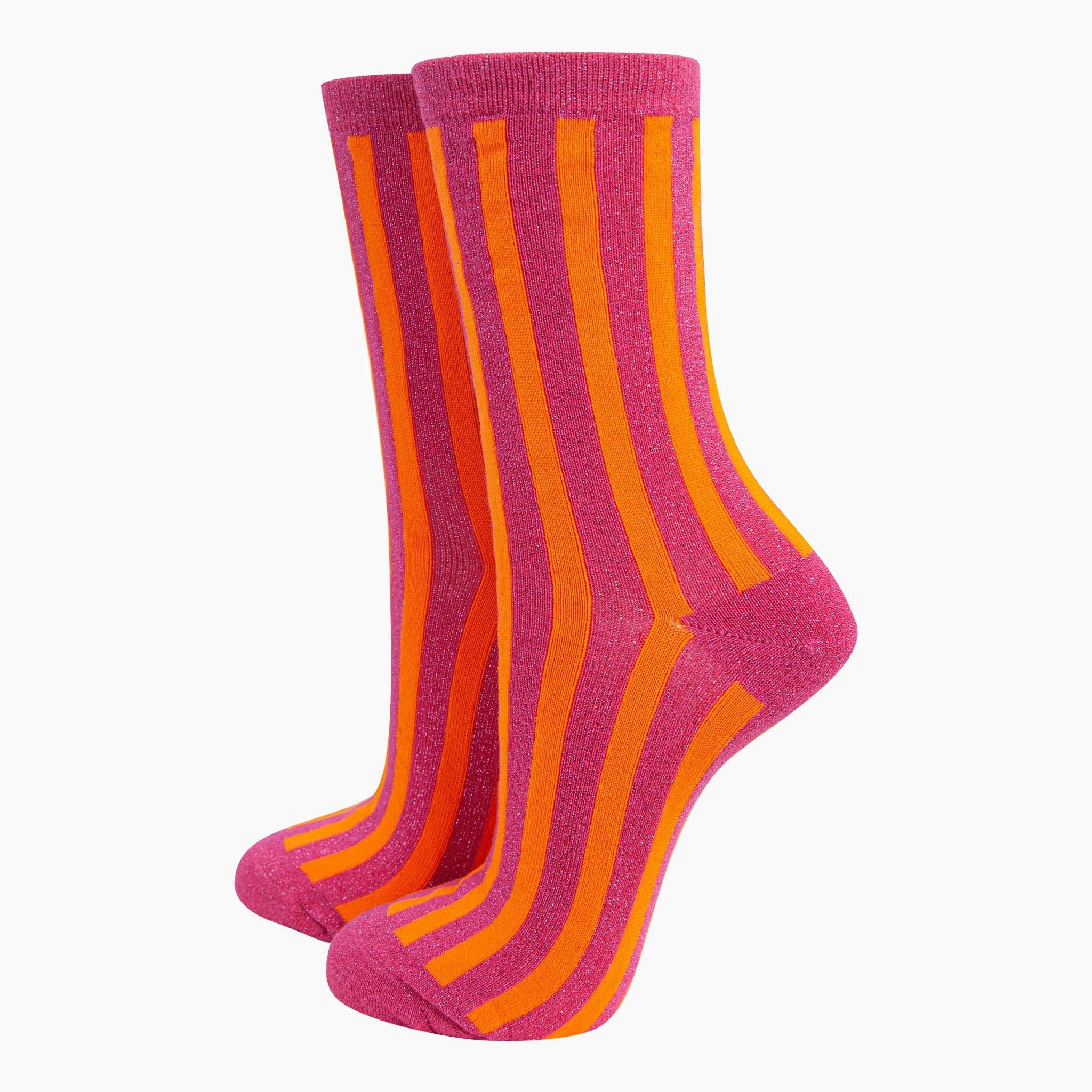 Sparkly Hot Pink Orange Vertical Stripe Glitter Socks
