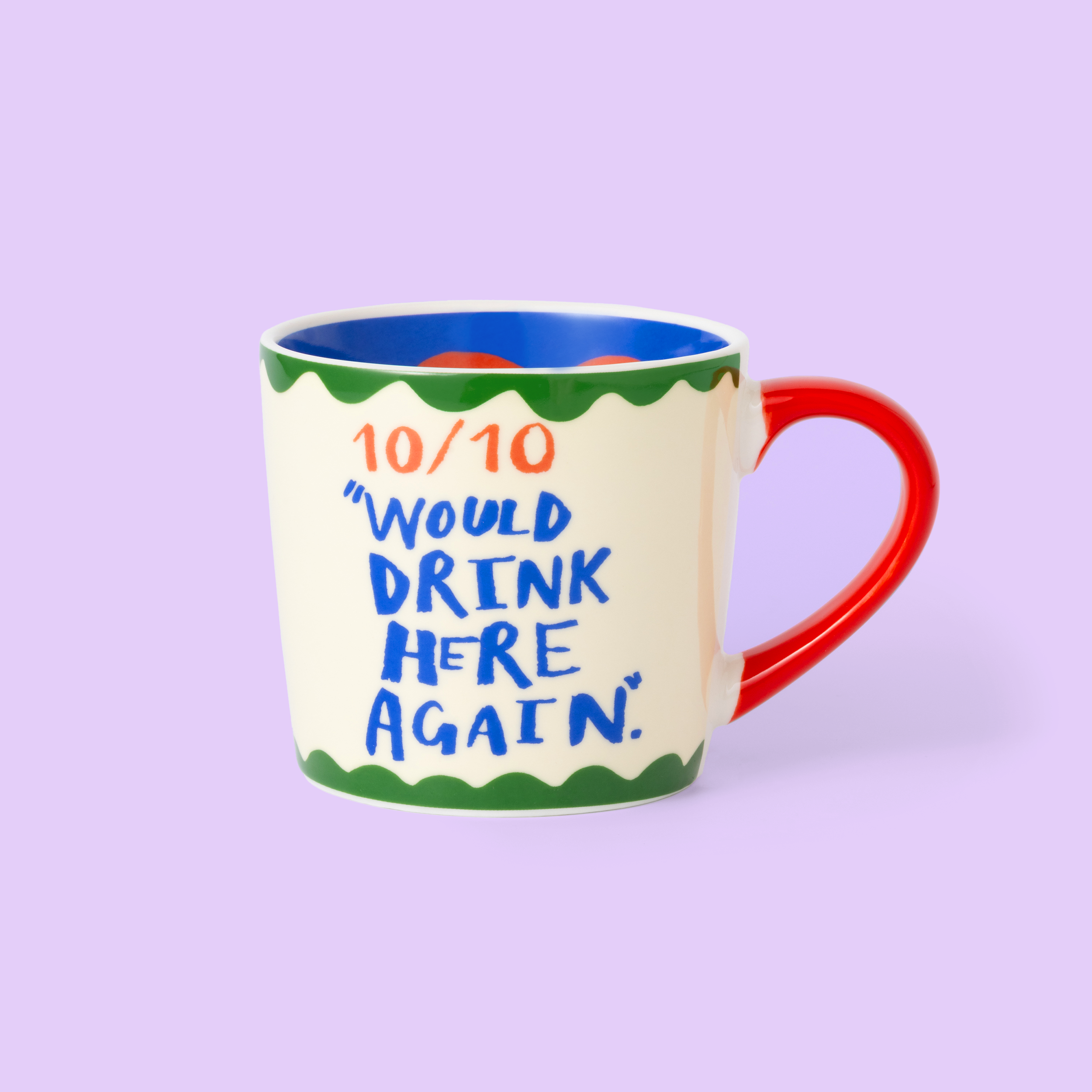 Mug with colorful text on a light purple background