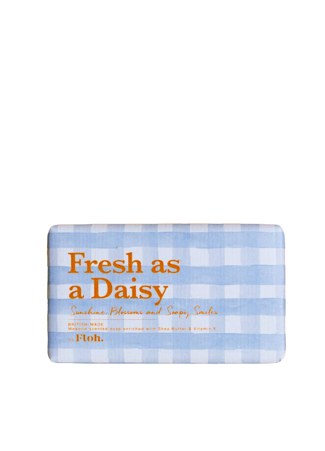 A rectangular bar of soap with rounded corners, featuring a light blue and white gingham check pattern. The front is printed with the text 'Fresh as a Daisy' in orange, along with smaller scent and brand text.