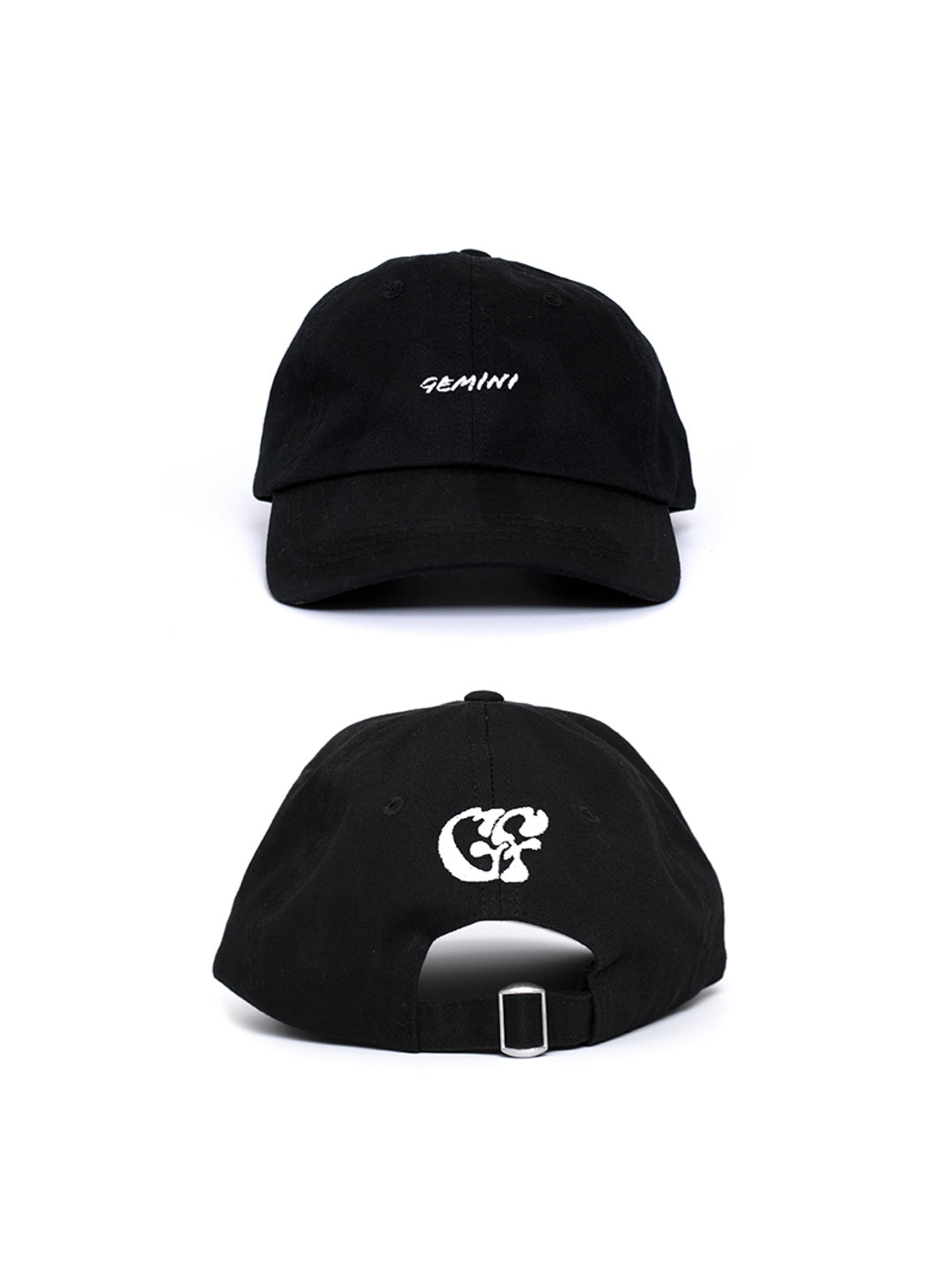 Front & back shot of the Gemini zodiac black baseball cap, showing the white embroidered text to the front "Gemini" and the GF Good Fluff logo to the back