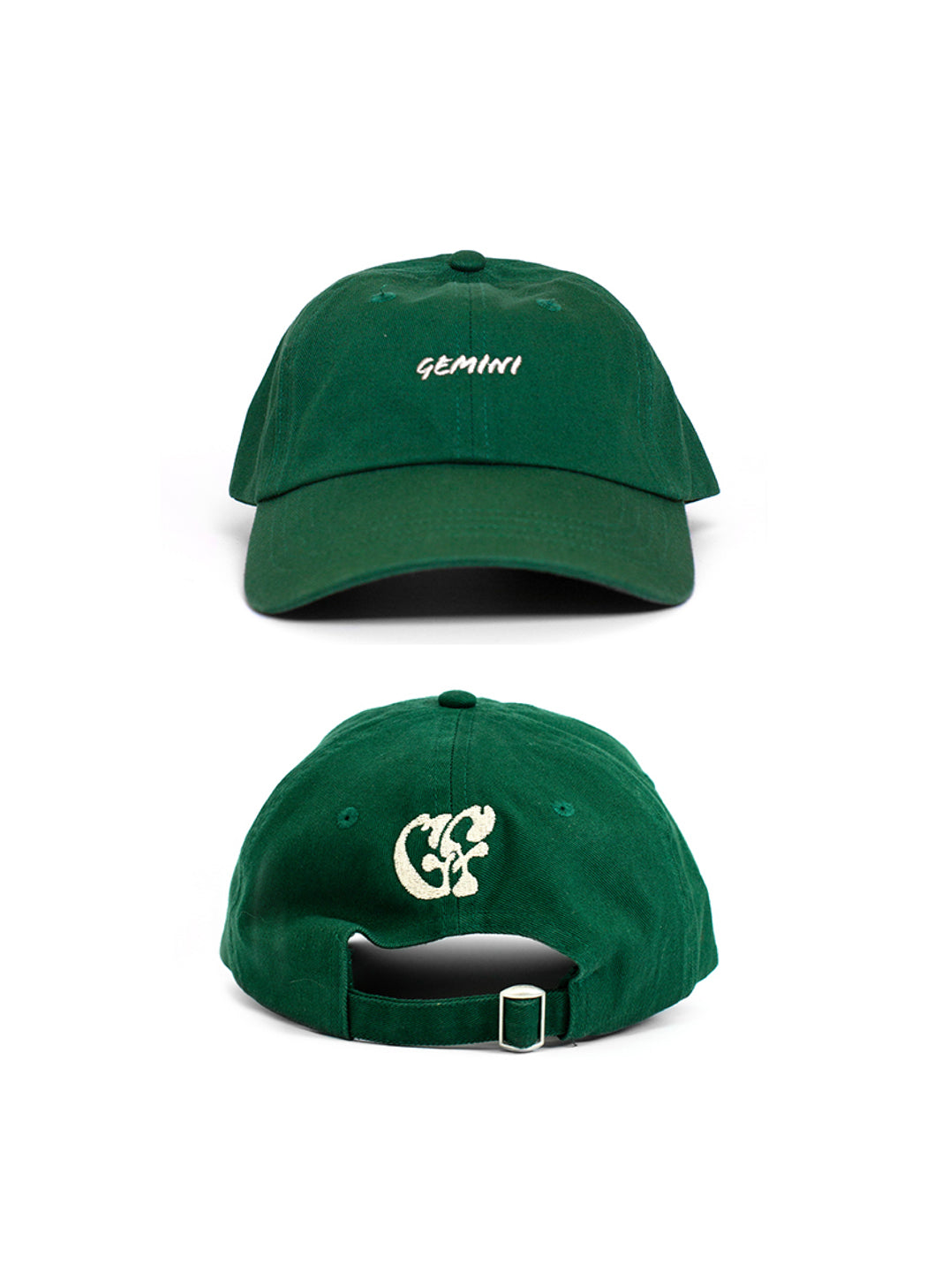 The Green Gemini zodiac Baseball cap shot front & back. Front shows white embroidered "Gemini" text and back shows white embroidered Good Fluff GF logo.