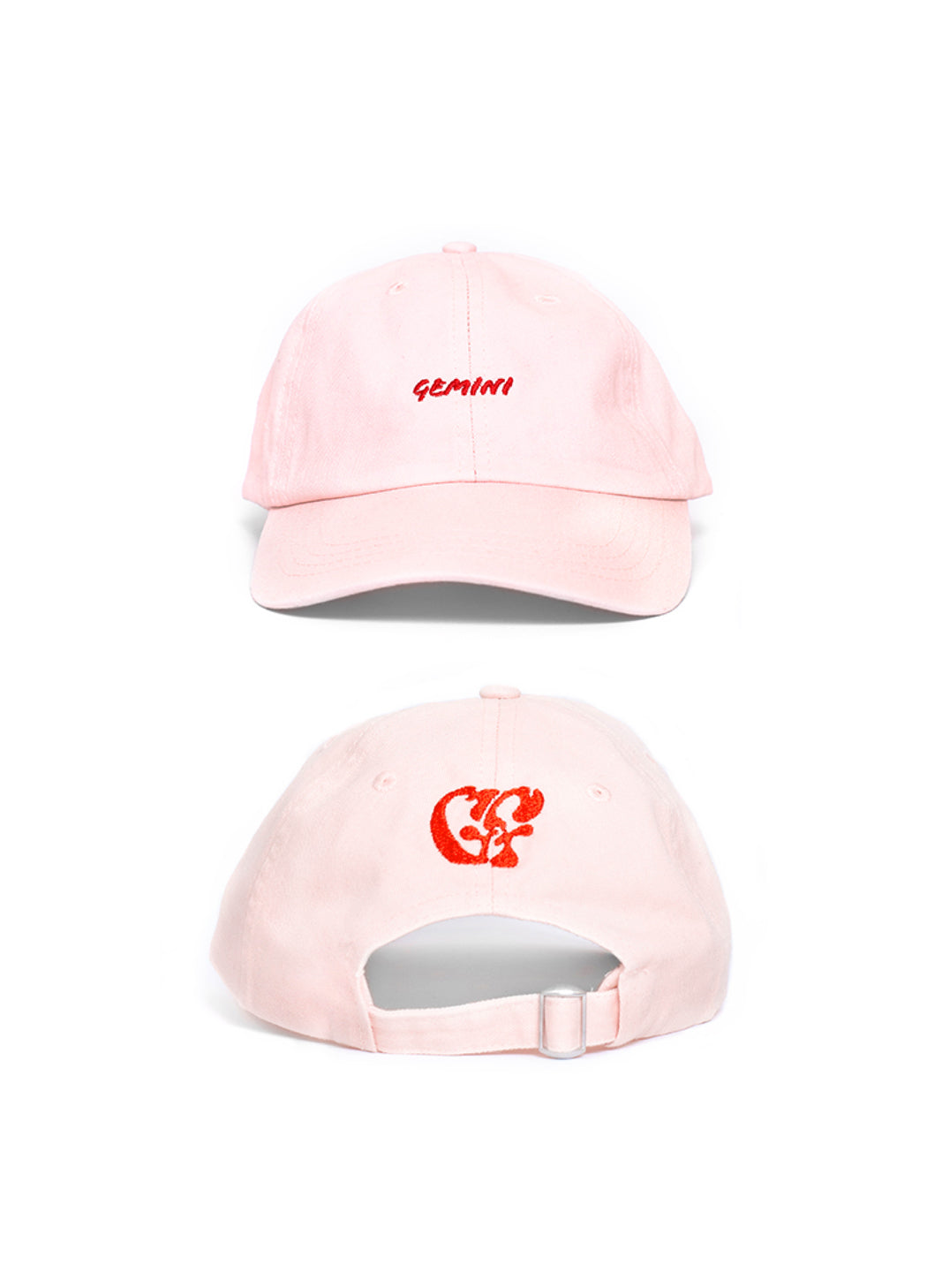 Pink baseball cap front & back with embroidered zodiac and good fluff logo designs on a white background