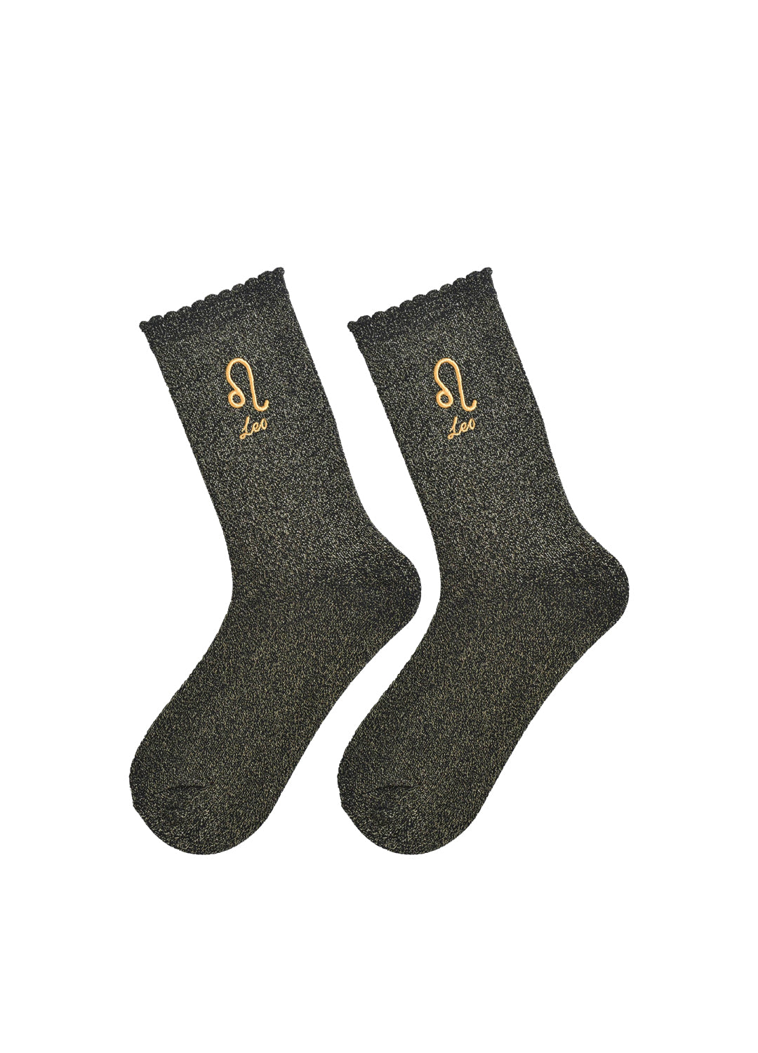 Pair of dark black silver glitter socks with gold embroidery on a white background