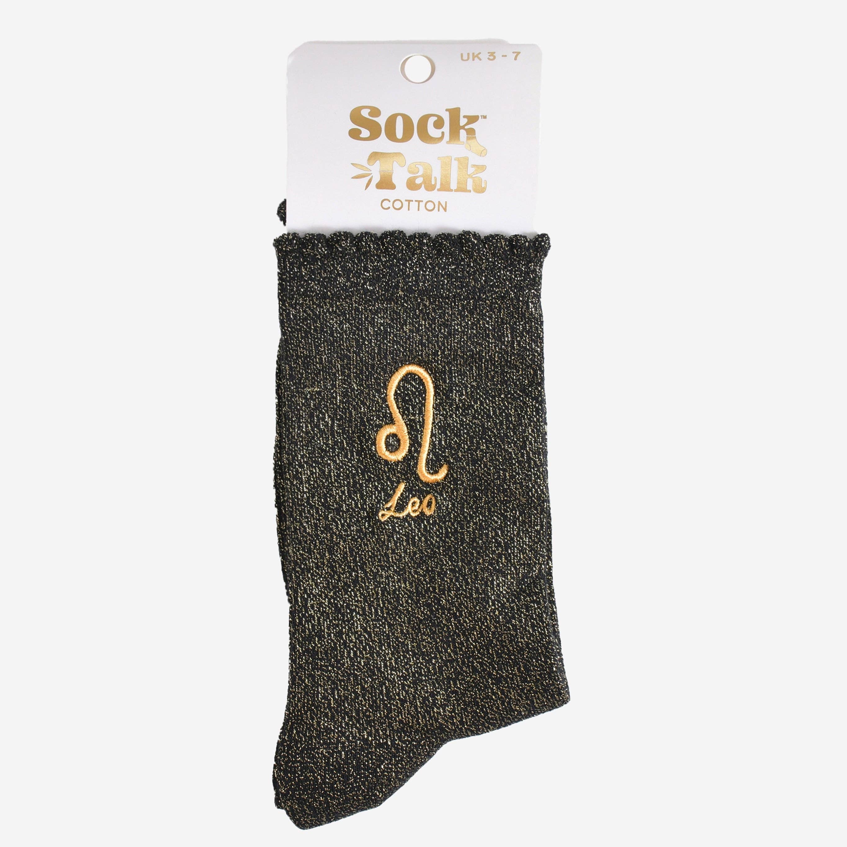 Black sock with 'Leo' embroidery on a white background
