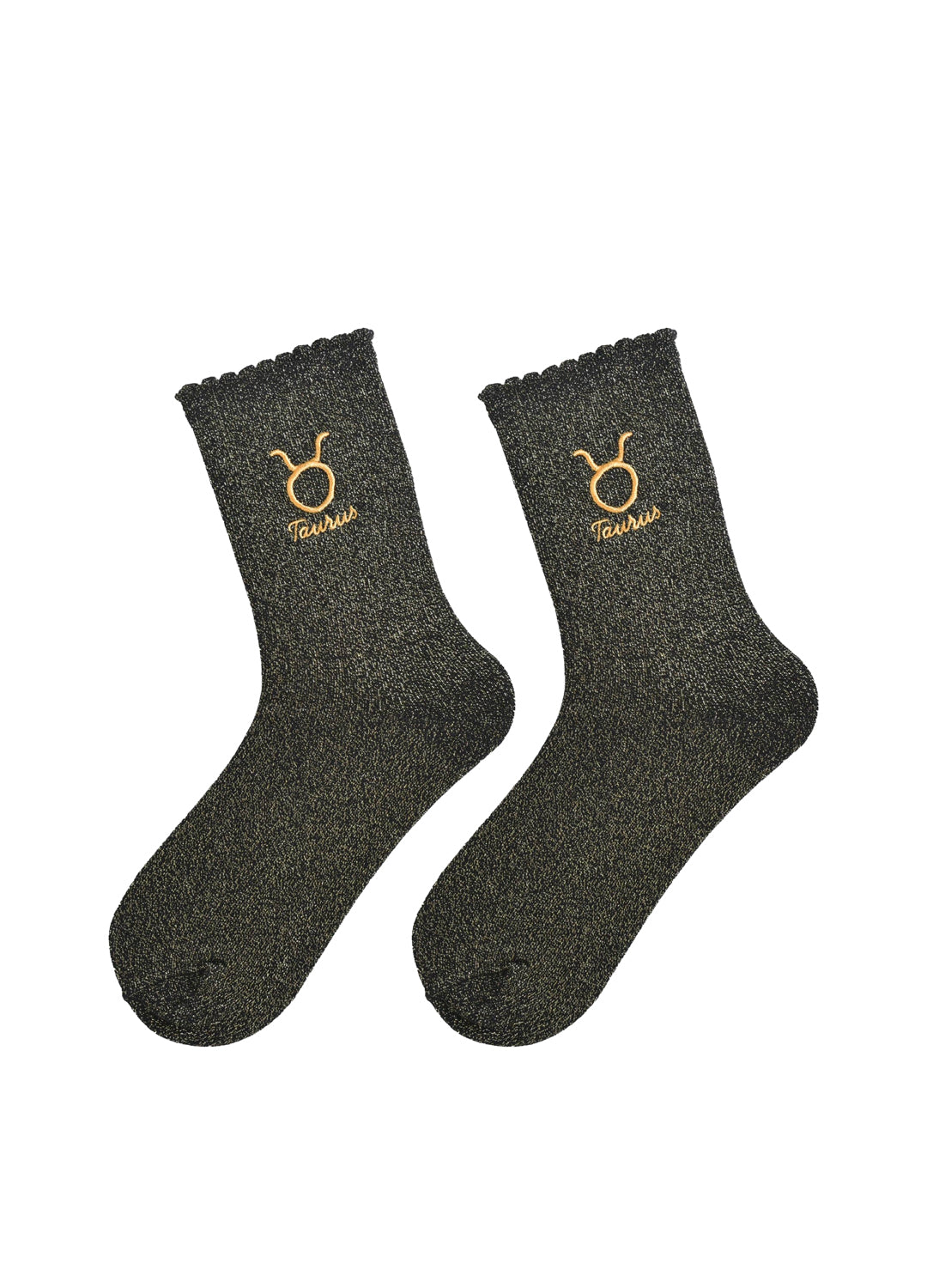 Pair of dark gray socks with gold embroidered symbols on a white background