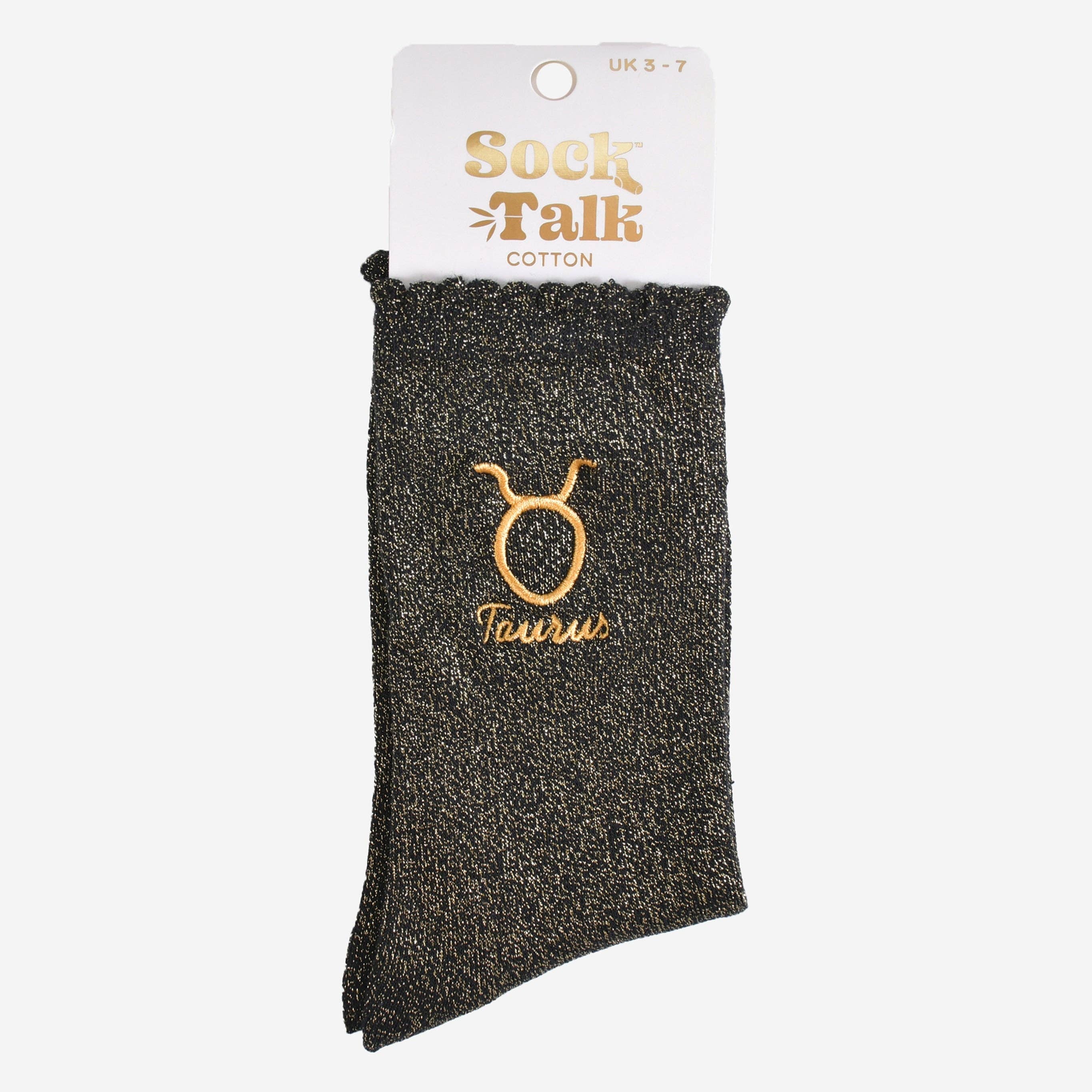 Black sock with Taurus symbol and 'Sock Talk' branding on a white background