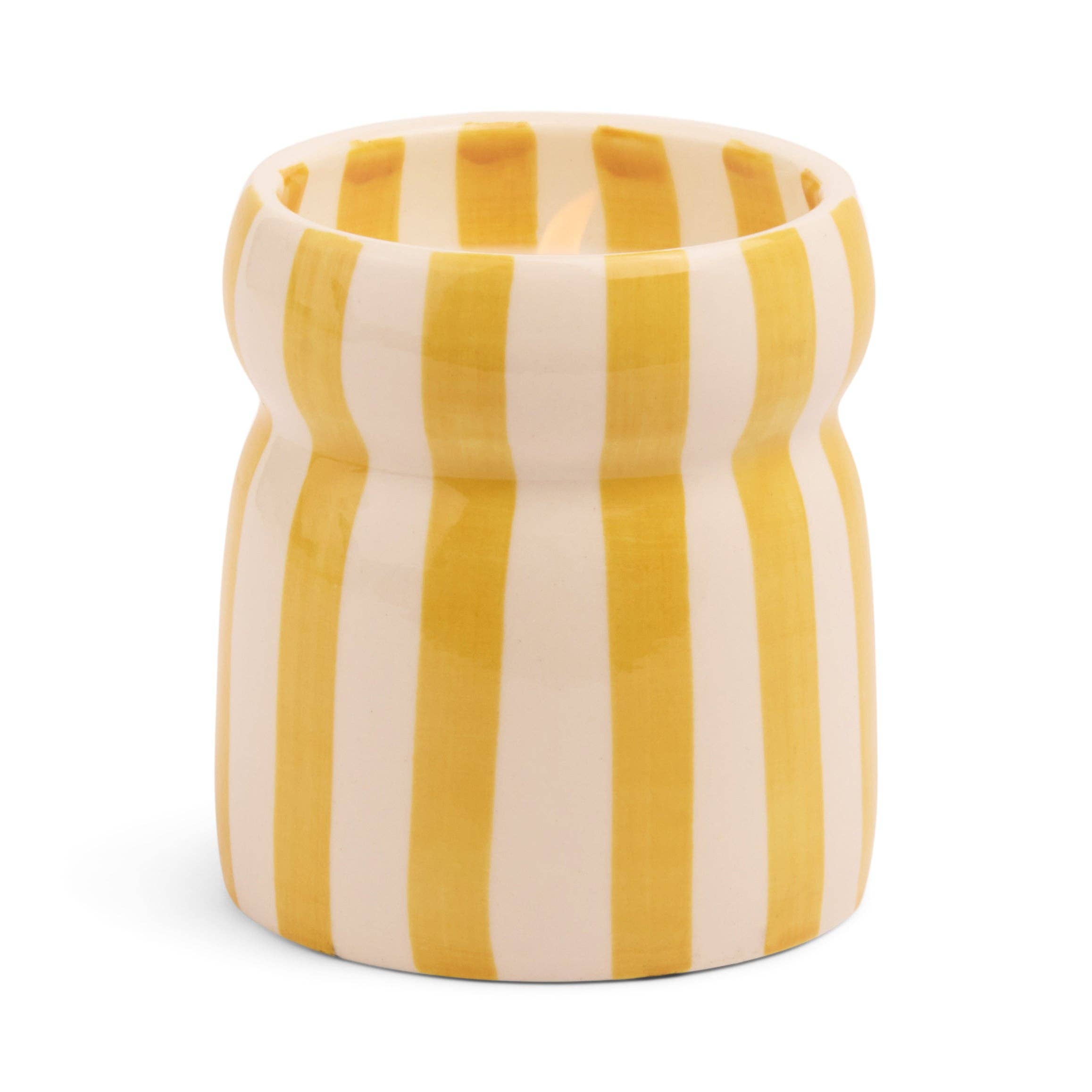Yellow and white striped ceramic pot on a white background