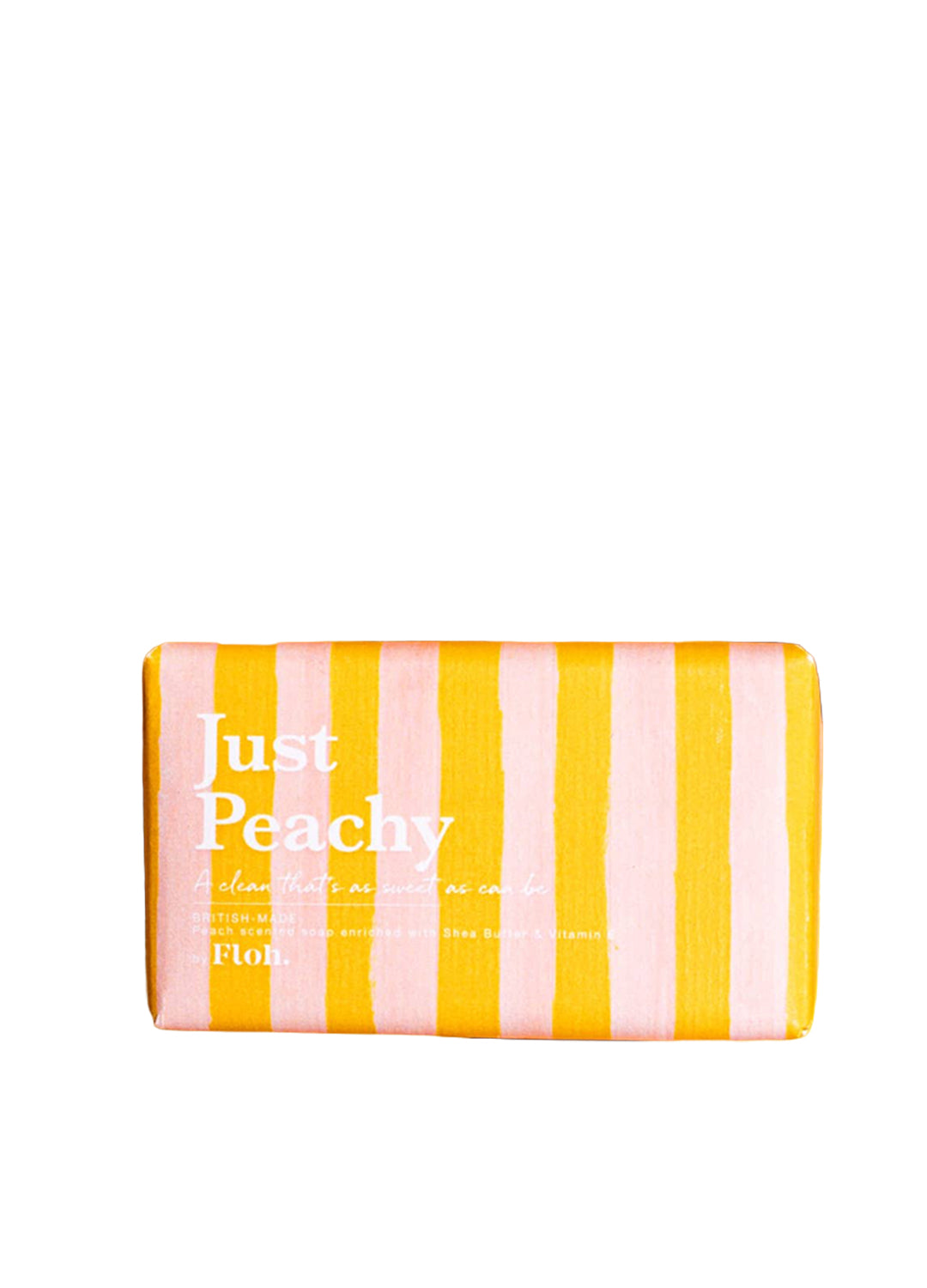 A rectangular bar of soap wrapped in pink and yellow vertical striped paper, with the text 'Just Peachy' printed in white on the front, set against a plain white background.