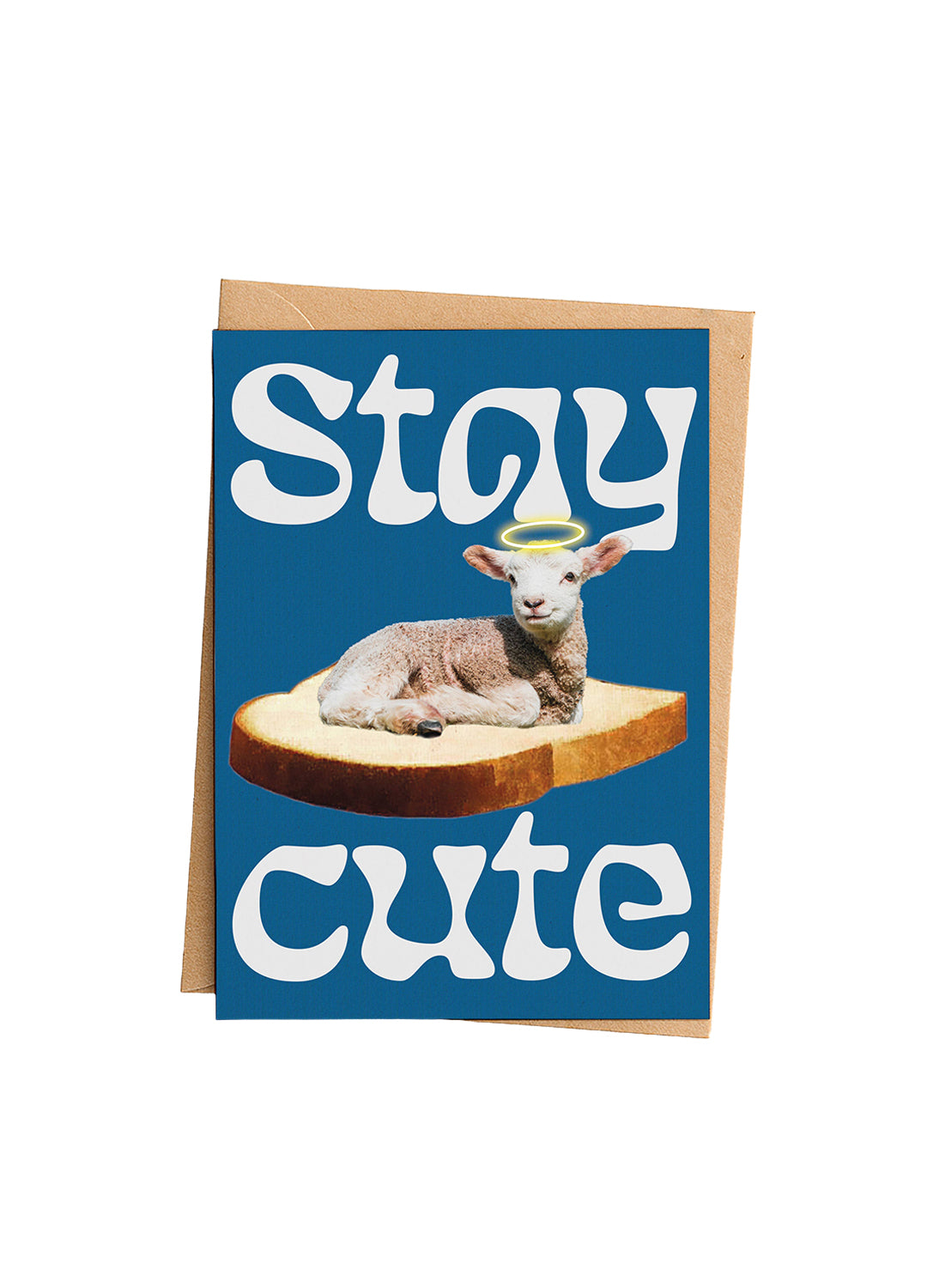 Greeting card with a lamb on a blue background and text 'Stay cute'.