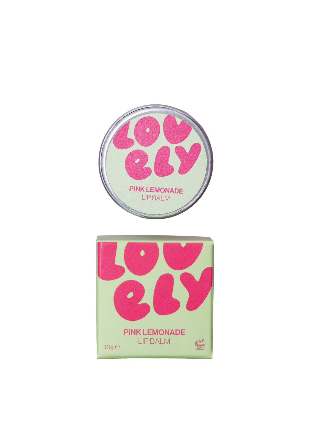 Lovely pink lemonade lip balm with packaging on a white background