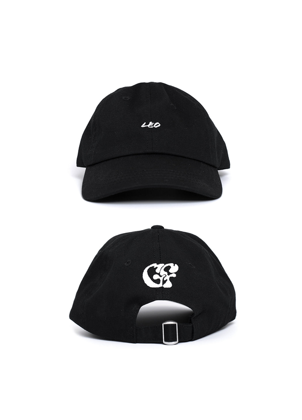 Front & back shot of the Leo zodiac black baseball cap, showing the white embroidered text to the front "Leo" and the GF Good Fluff logo to the back