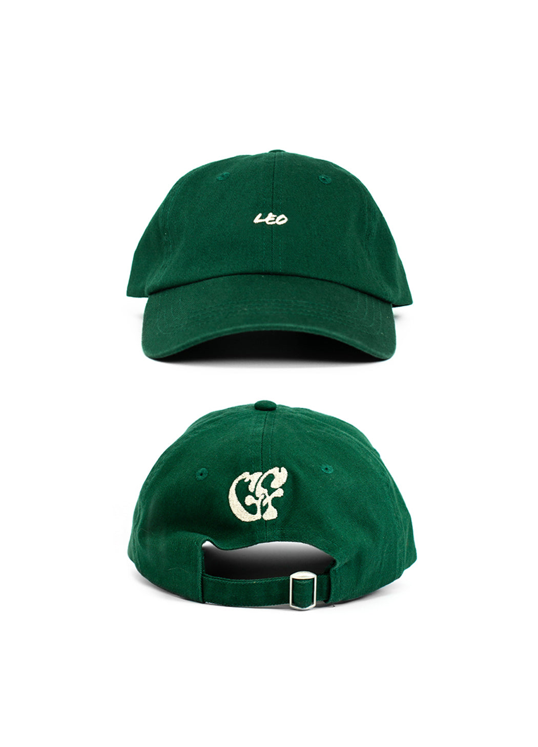Green Leo zodiac baseball cap, with white embroidered "Leo" text and white embroidered Good Fluff GF logo against a white background