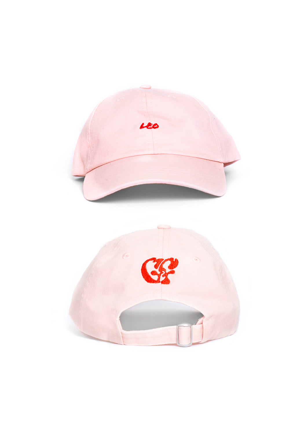 pink baseball cap front & back shot with embroidered Zodiac sign on front & Good Fluff logo on the back on a white background