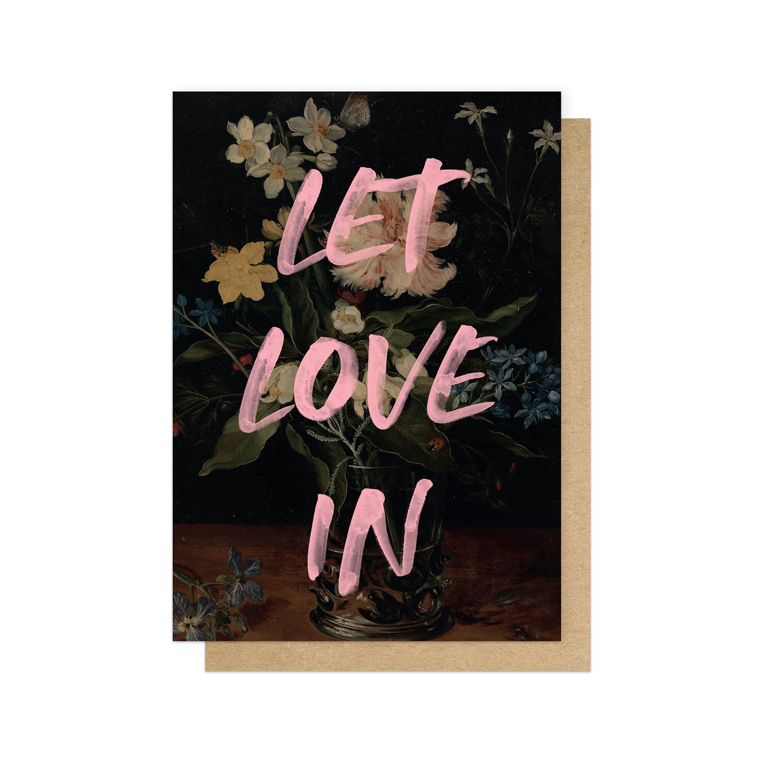 Greeting card with floral design and 'Let Love In' text on a dark background