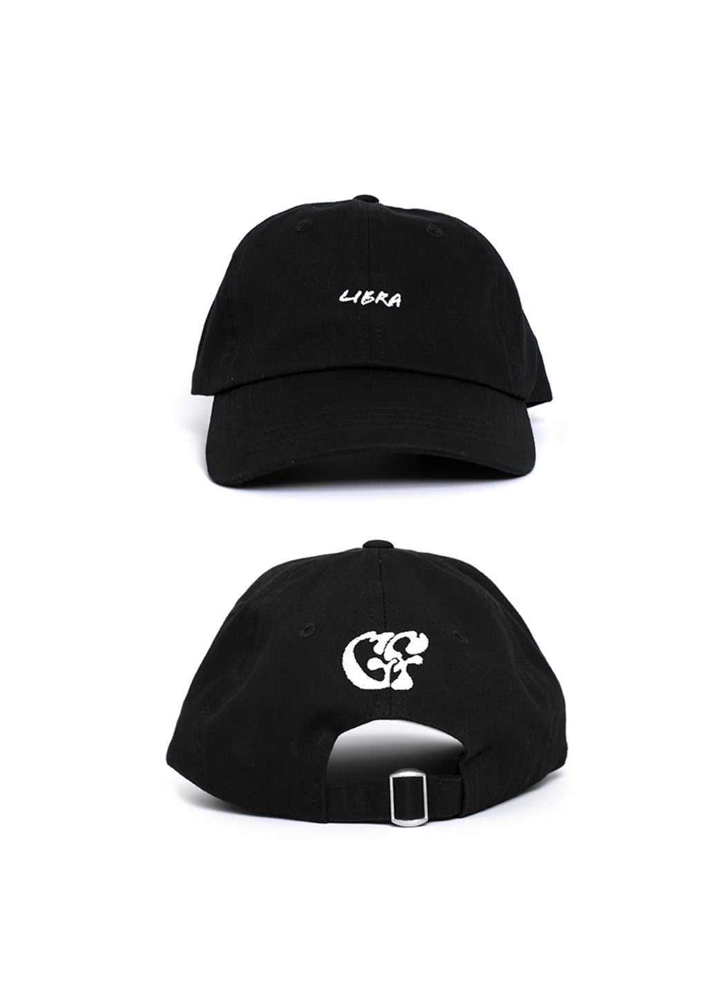 The Libra black baseball zodiac cap front & back shot. White embroidered "Libra" text to the front and the Good Fluff GF logo to the back.