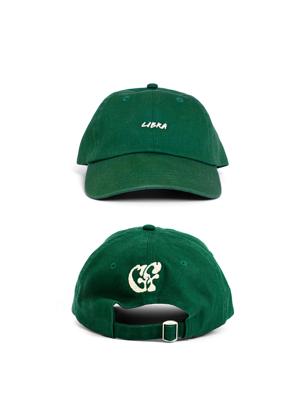 Green Libra zodiac baseball cap, with white embroidered "Libra" text and white embroidered Good Fluff GF logo against a white background