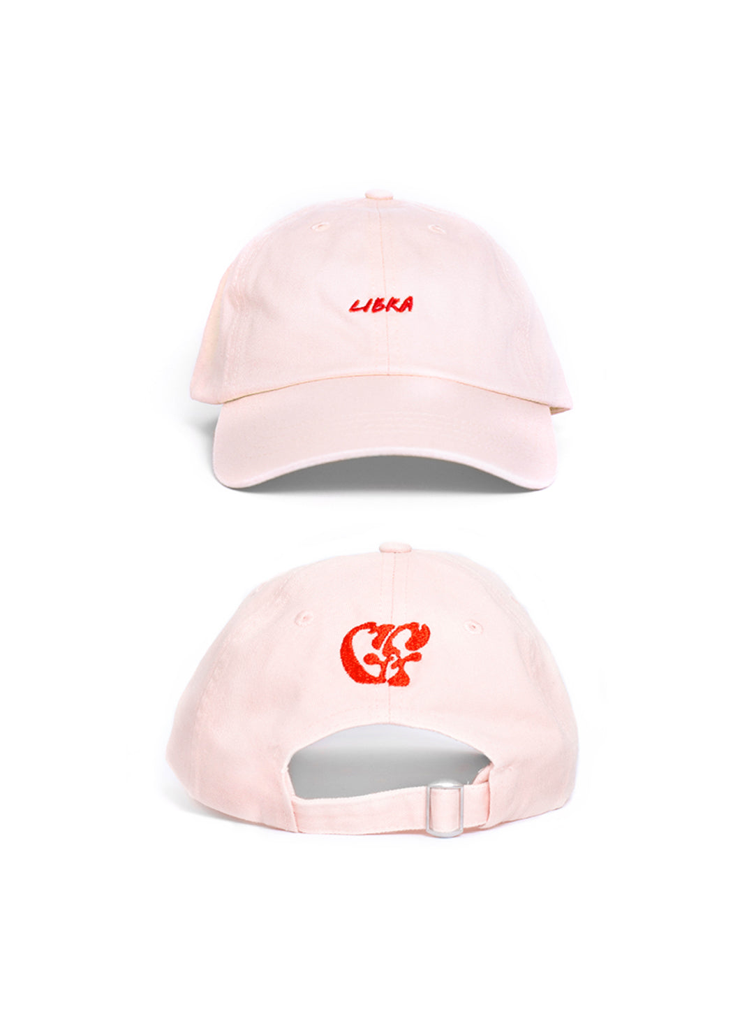 Pink baseball cap front & back shot with red logos on a white background