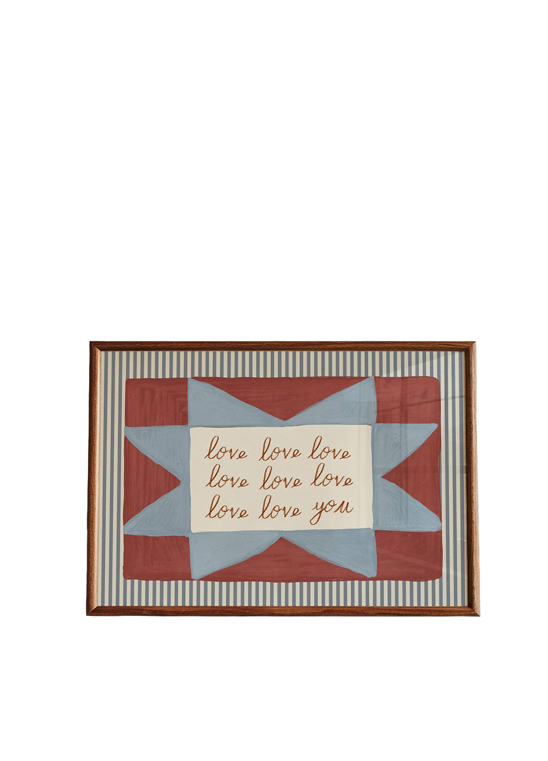 A framed decorative wall art piece featuring a quilted-style star design in muted red, light blue, cream, and gray striped sections, with the phrase 'love love love love love you' written in script on a cream center panel. The piece is enclosed in a medium brown wooden frame and photographed against a plain white background.