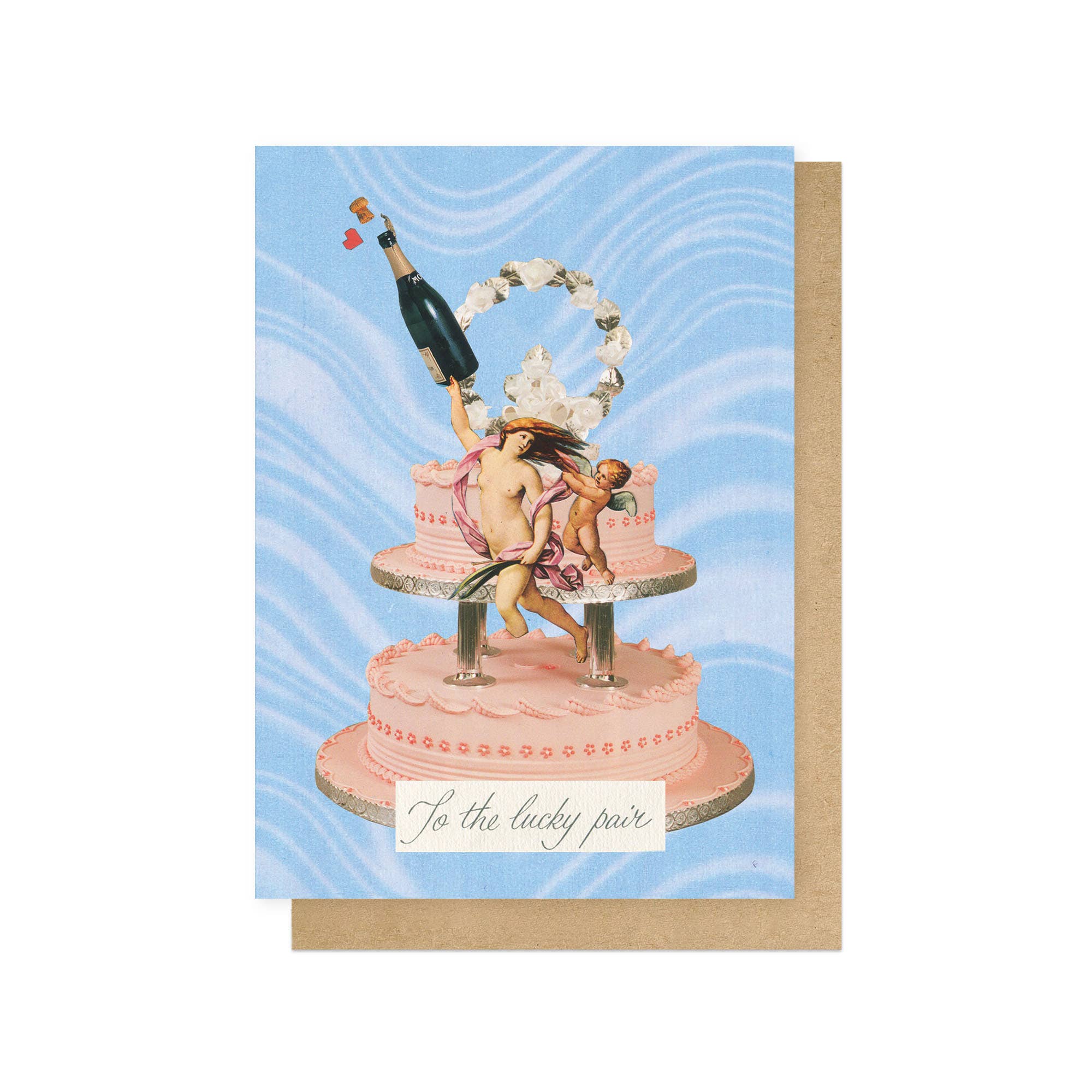 Greeting card with a decorative cake and figures on a blue background