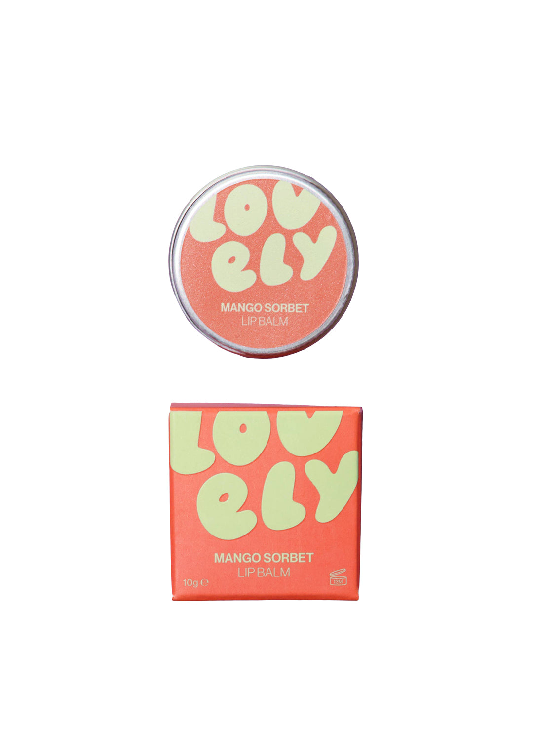 Lovely Mango Sorbet lip balm with packaging on a white background