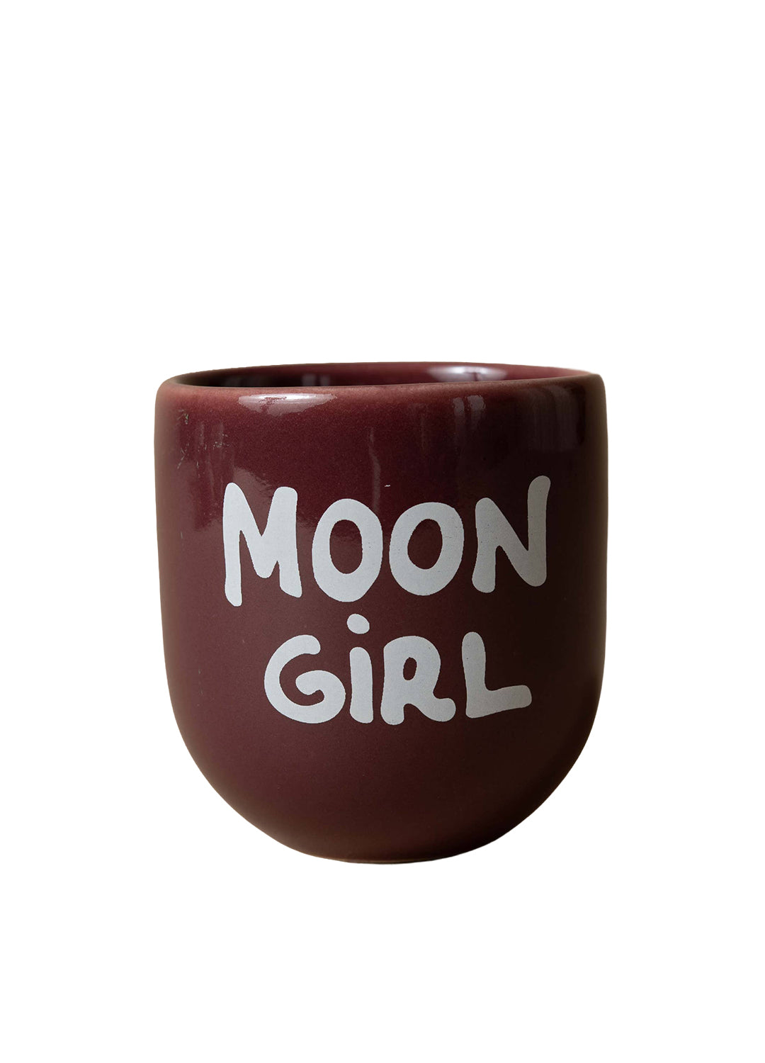 Brown mug with 'MOON GIRL' text on a white background
