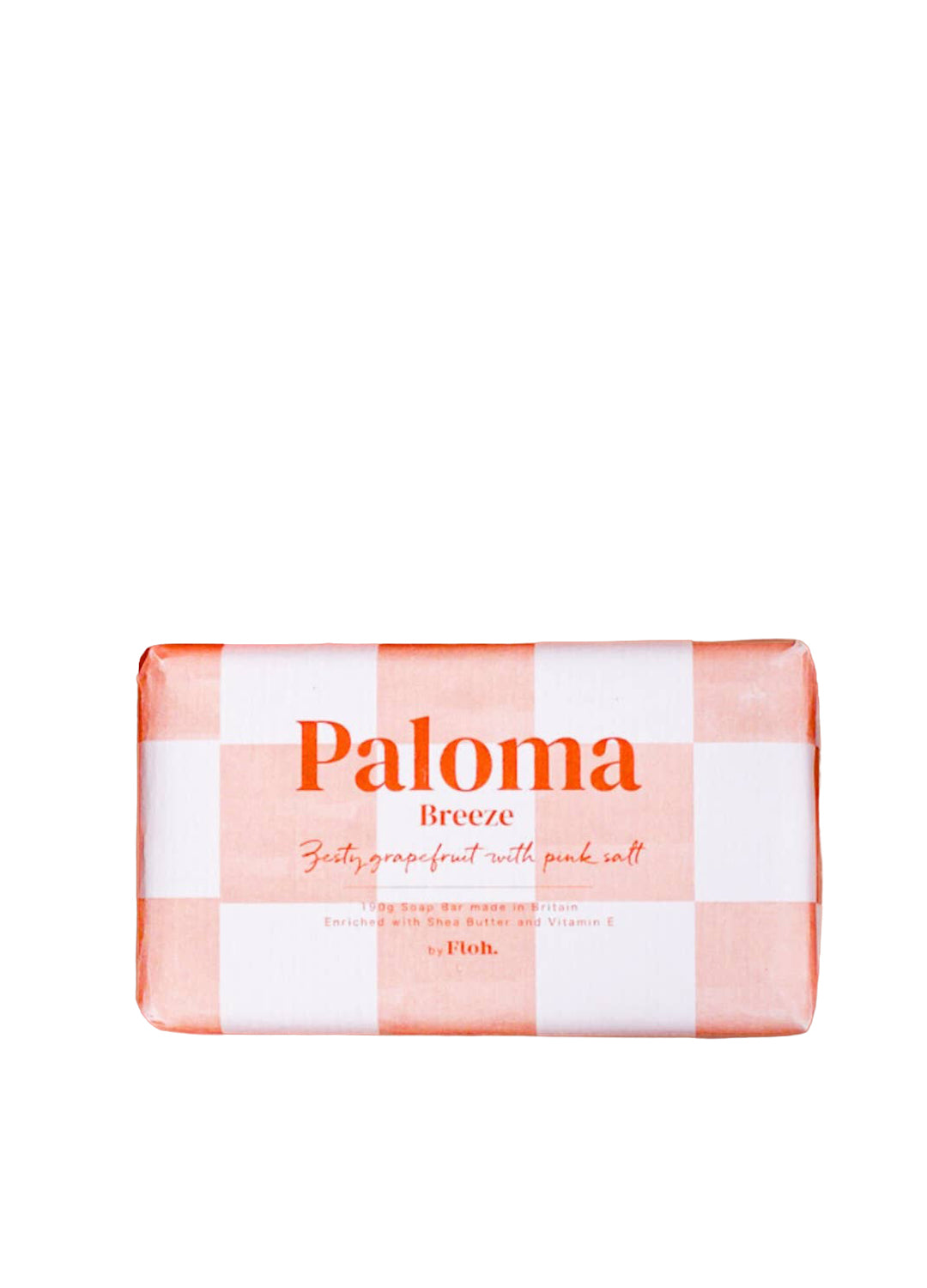 A rectangular bar of Paloma Breeze soap wrapped in a pink and white checkered paper wrapper, centered on a plain white background.